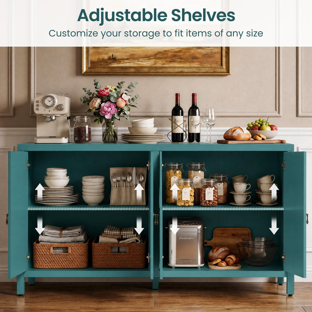 RoyalCraft Buffet Cabinet with Storage, 60" Modern Storage Cabinet, Blue