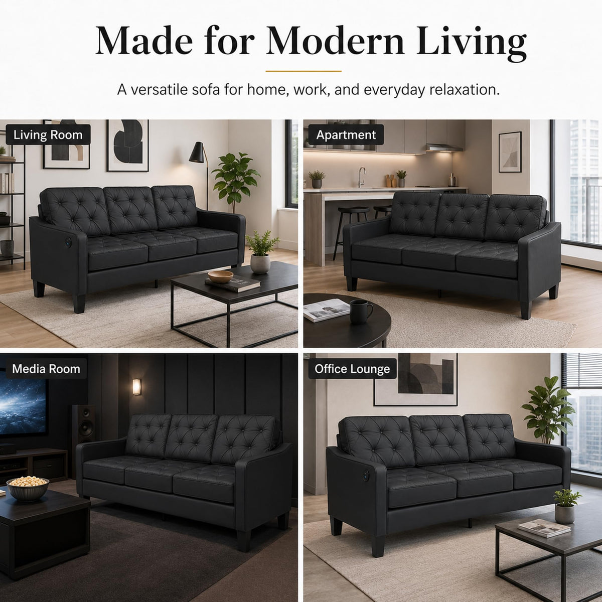 Black Tufted Faux Leather Sofa