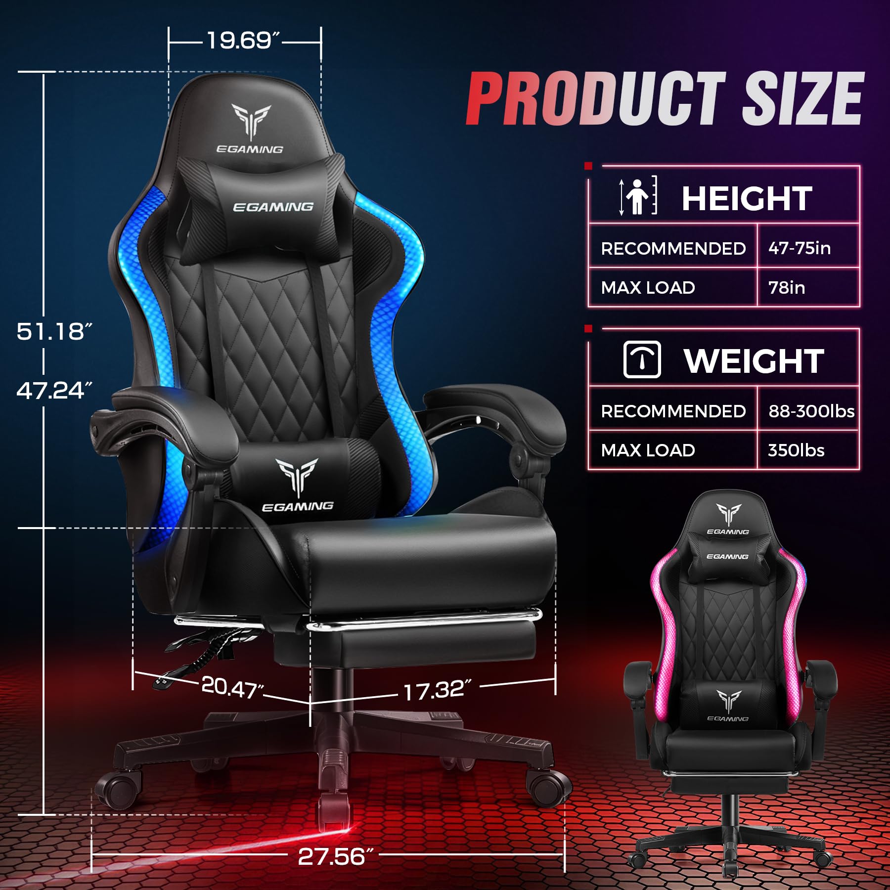 EXRACING Gaming Chair with Footrest Ergonomic High-Back PU Leather Computer Chair with RGB LED Lights Linkage Armrests Lumbar Support and Headrest 150°Reclining Diamond Quilted Office Chair for Adults