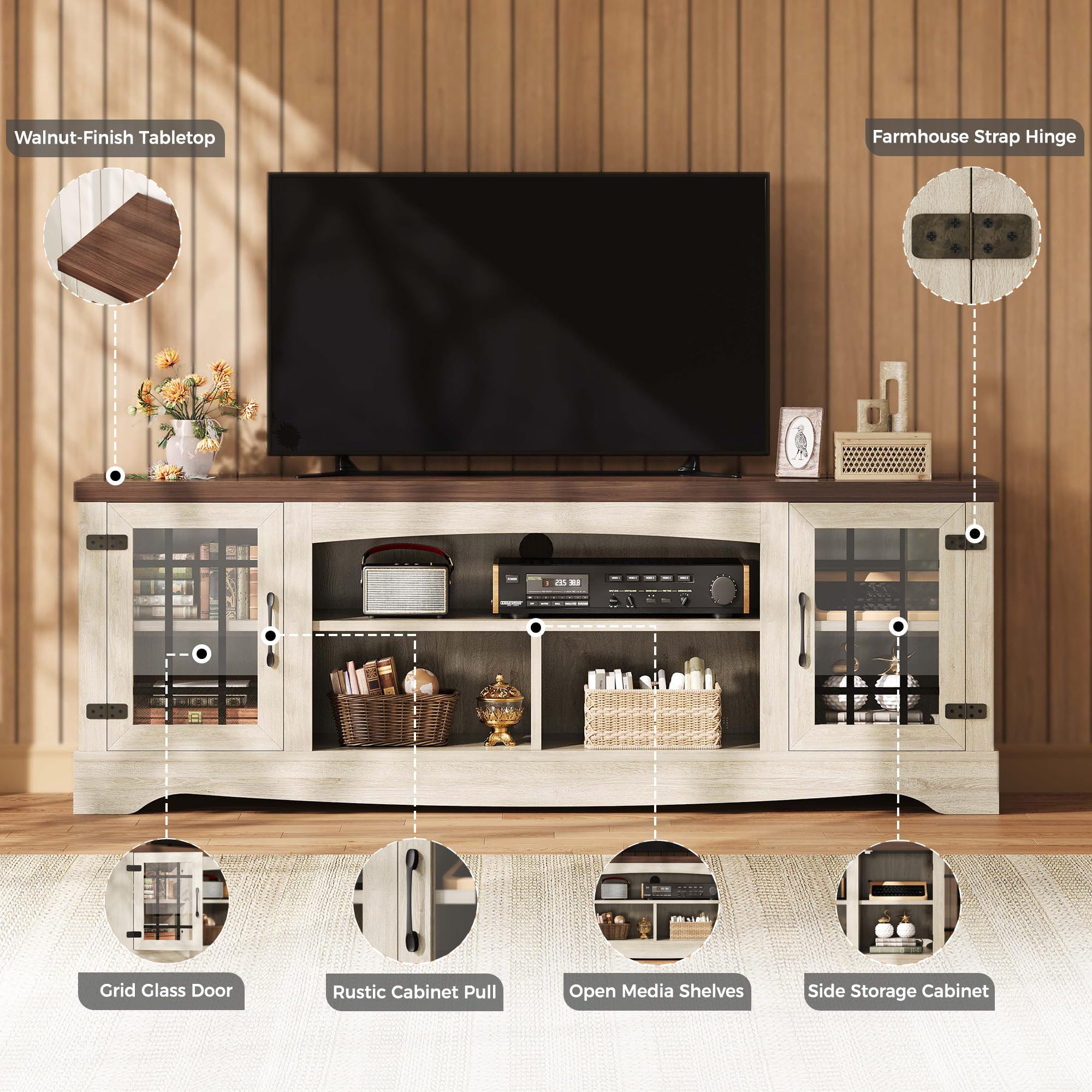 IRONCK Farmhouse TV Stand for 75 Inch TV, Rustic Entertainment Center with Storage Cabinets & Open Shelves, Grid Glass Doors, Media Console for Living Room, Bedroom(Light Oak & Walnut)