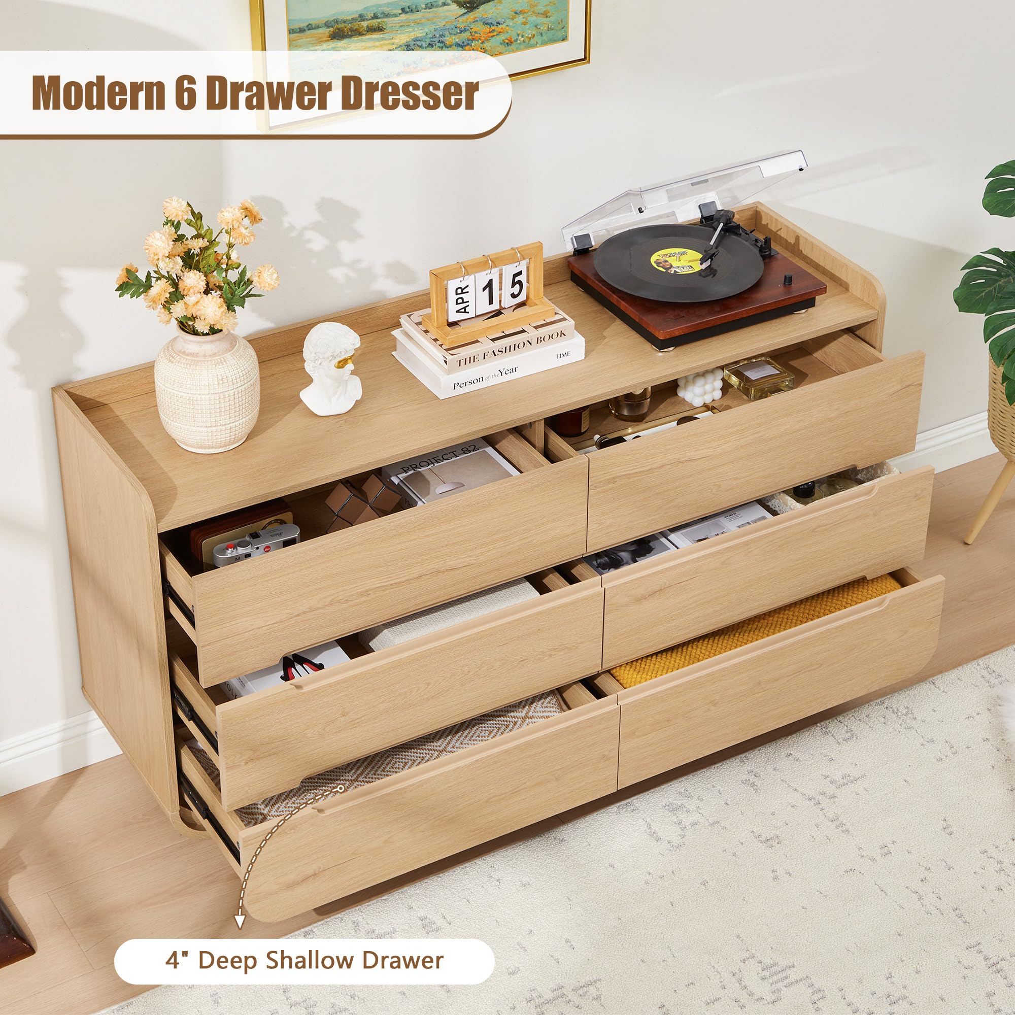 6-Drawer Curved Dresser with Hidden Handles
