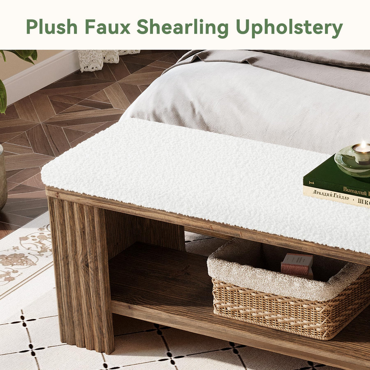 TRIBEWOOD 63" Solid Wood Entryway Bench, Farmhouse Upholstered End of Bed Bench with Removable Faux Lambswool Cushion and Fluted Legs, Indoor Long Ottoman for Bedroom, Entryway, Dark Brown