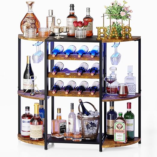 3-Tier Wine Bar Cabinet with LED Lights & Glass Holder