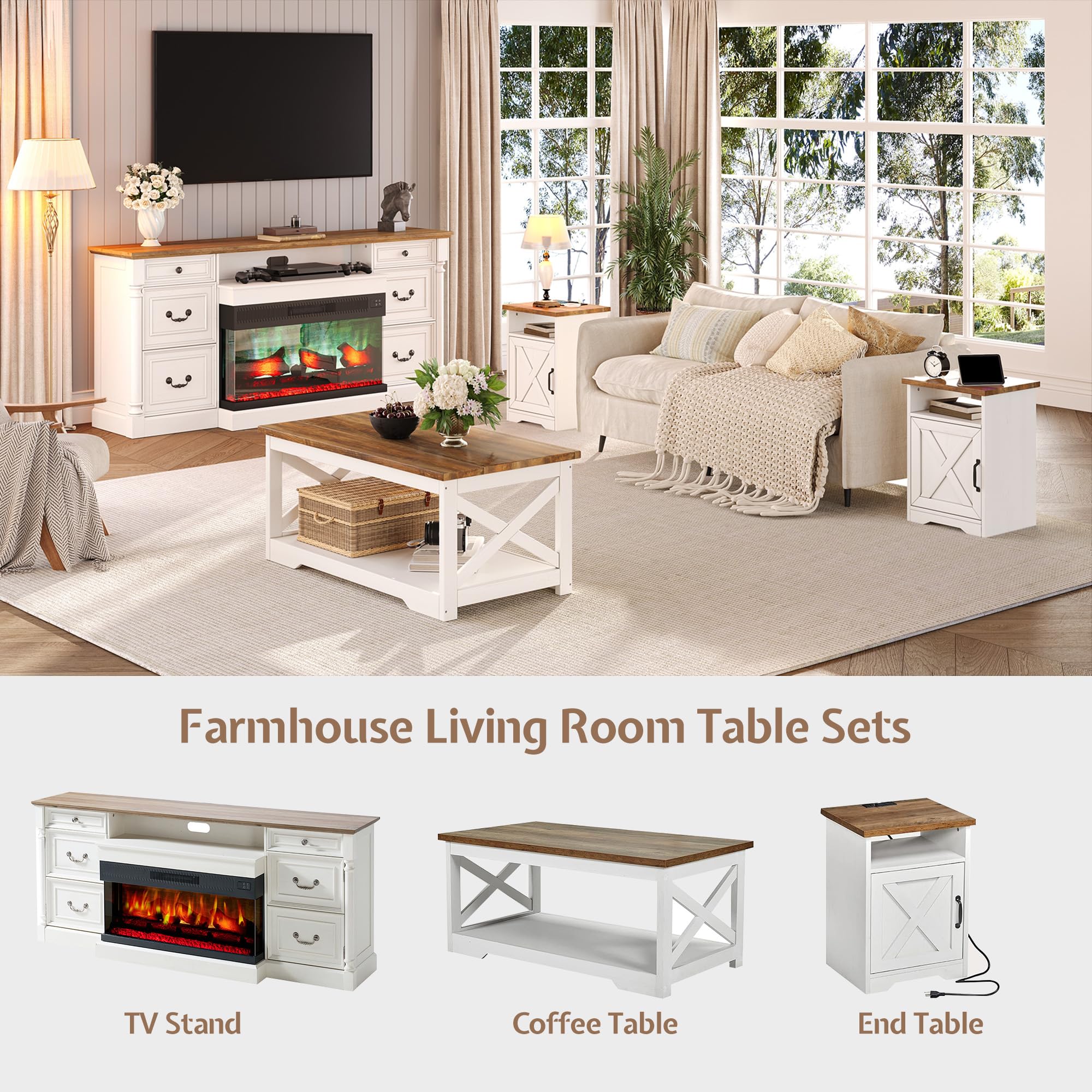 3-Piece Farmhouse Coffee & End Table Set with Charging Station
