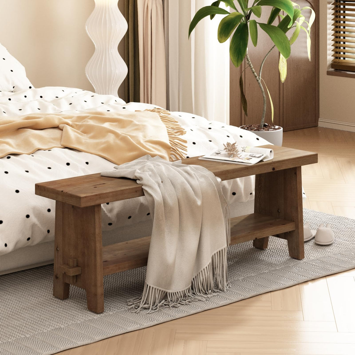 HOKYHOKY Wood Entryway Bench - 51.2" Farmhouse Long Storage Bench, Indoor