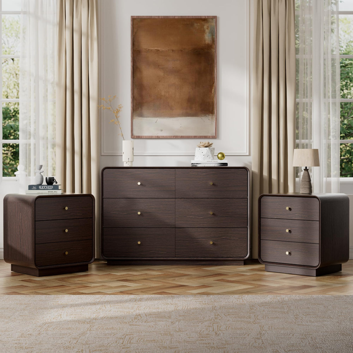 Now Mais 3-Piece Dresser Bedroom Set, 6 Drawer Dresser & 3 Drawer Nightstands with Gold Handles, Fluted Wood Chest of Drawers for Bedroom, Living Room, Entryway, Walnut