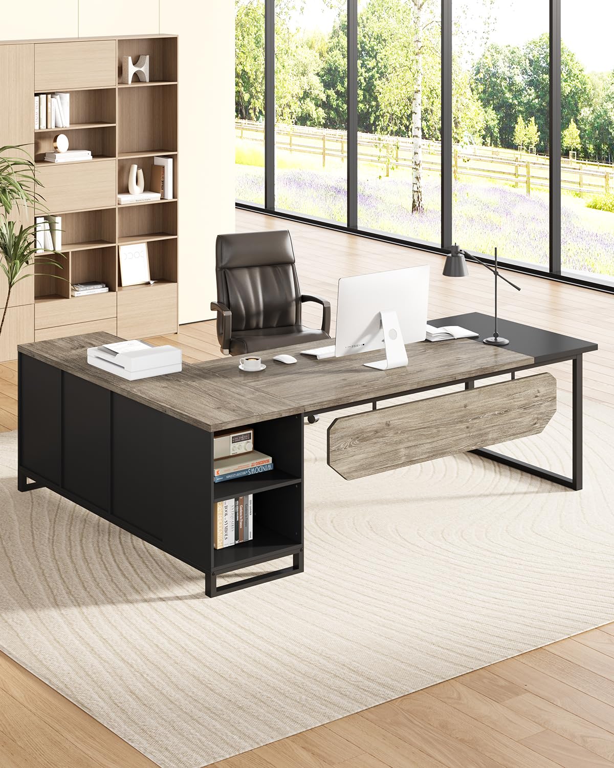 L-Shaped Executive Desk with File Cabinet, 70.8" – Grey & Black