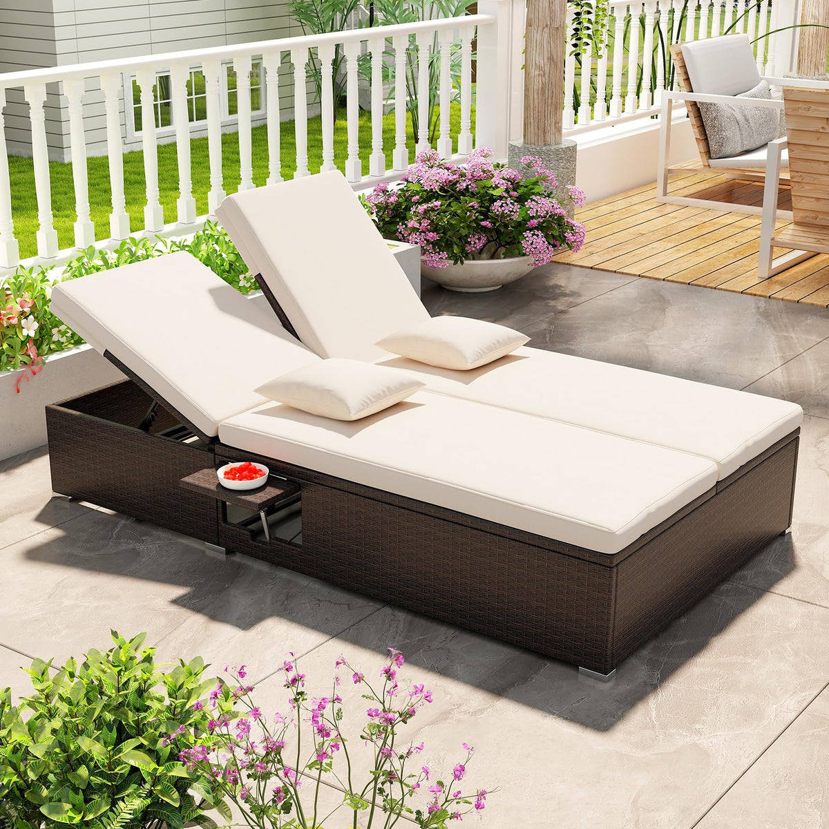 RELAX4LIFE Rattan Outdoor Patio Daybed - Wicker Double Chaise Lounge Chair w/6-Position Backrest, 2 Folding Side Trays, Cushions, Recliner Loveseat Sunbed for Backyard Pool, 2-Seater Patio Bed Lounger