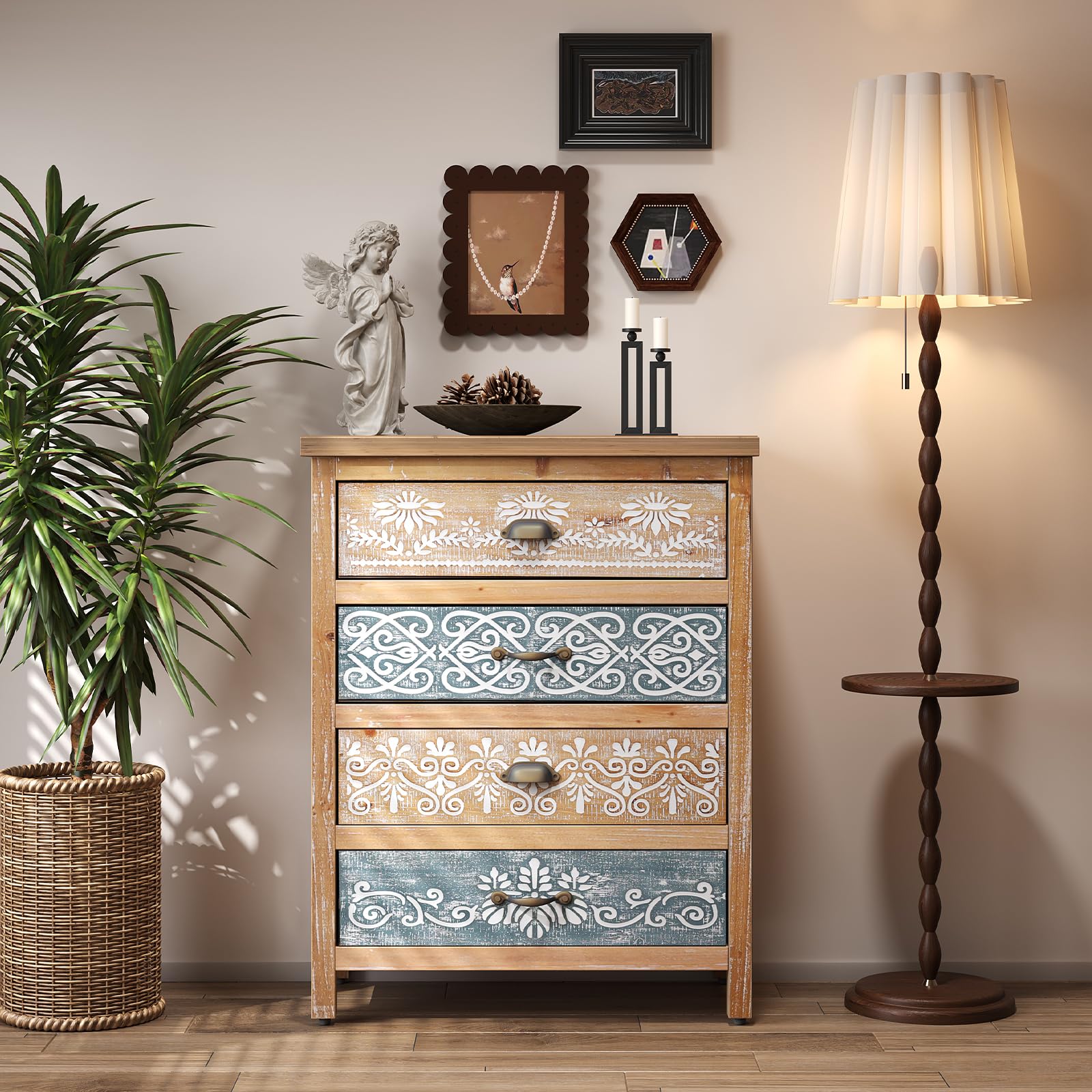 UWAMCIG Bohemian 4 Drawer Dresser, Boho Vintage Storage Cabinet, Rustic Solid Wood Accent Chest, Carved Wood Furniture, Traditional Country Style for Entryway, Living Room, Kitchen