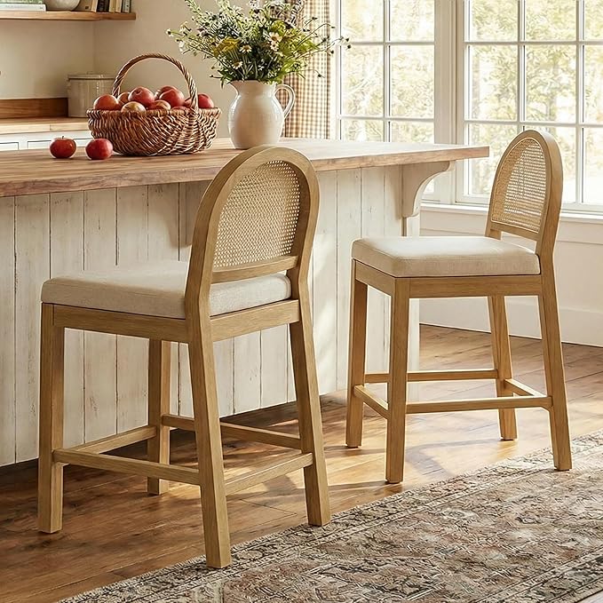 Rattan Bar Stools Set of 4 with Chenille Seat