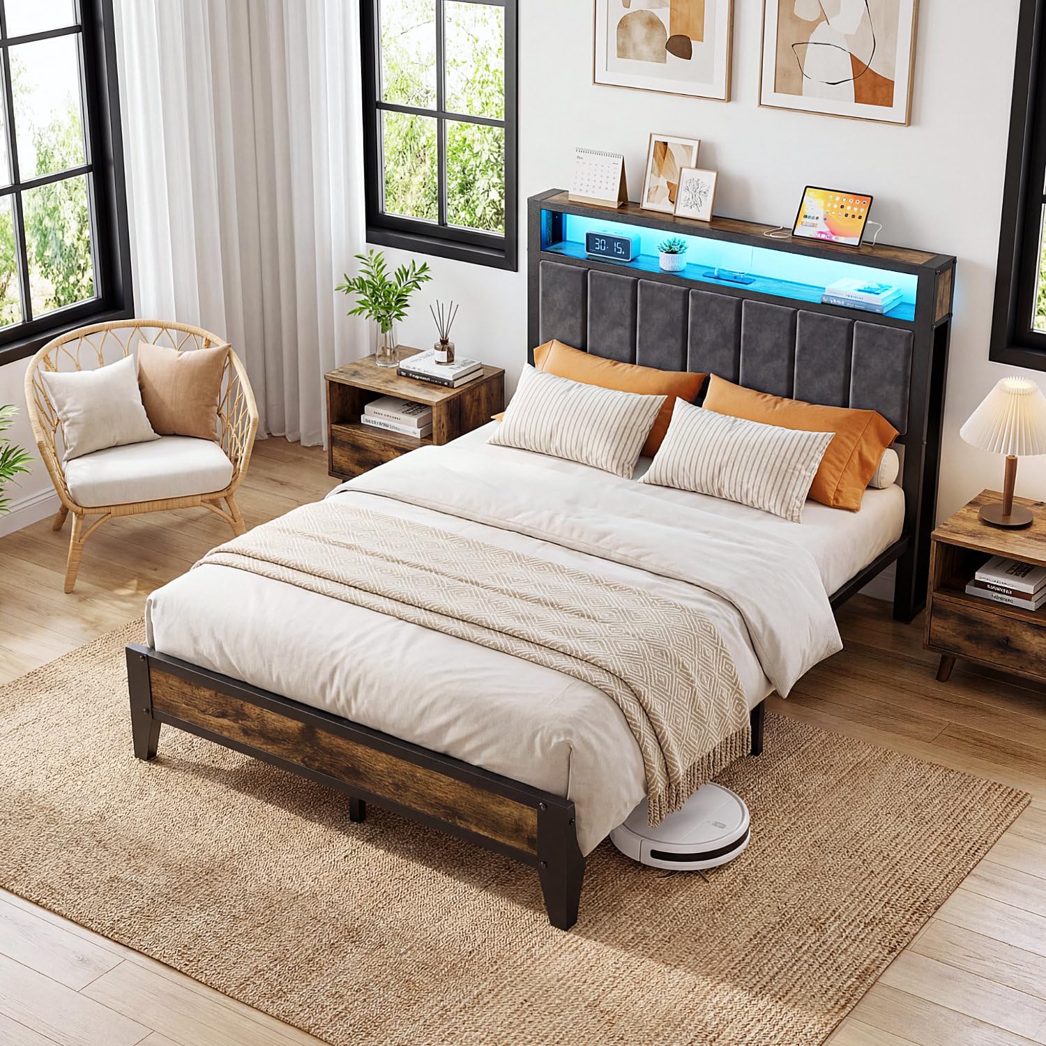 Metal Platform Bed Frame with LED Headboard & Charging Station