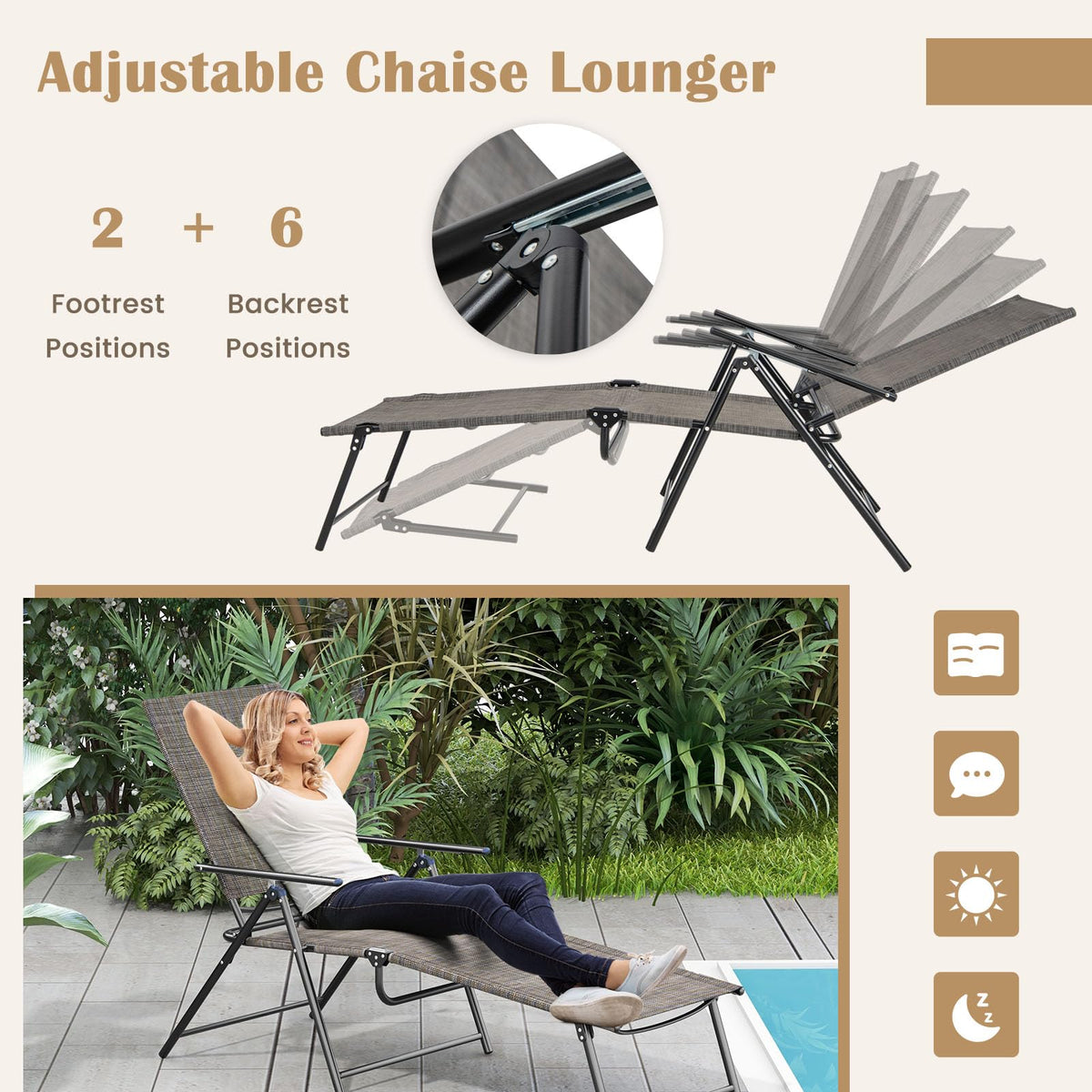 GIANTEX Lounge Chair Outdoor Set of 2 - Tanning Chair with 6 Adjustable Backrest, 2-Level Footrest, Folding Sunbathing Lounger for Patio, Poolside, Yard, Chaise Lounge Chair, Beach Chair (Brown)
