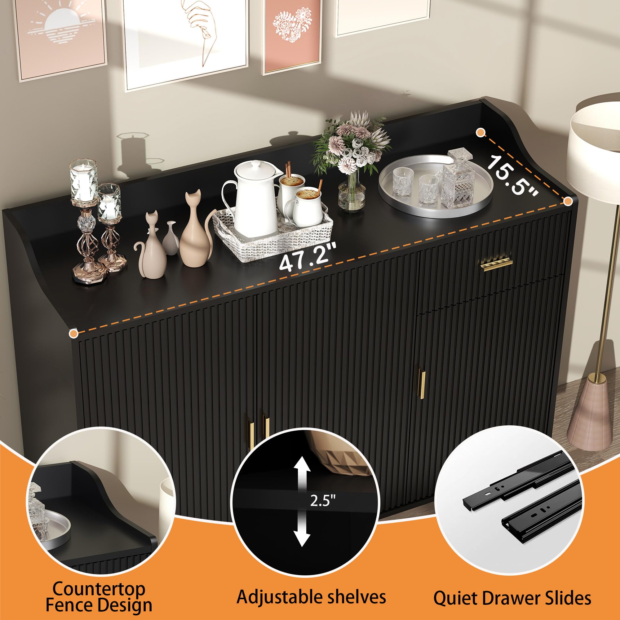 Fluted Sideboard Buffet Cabinet with Storage