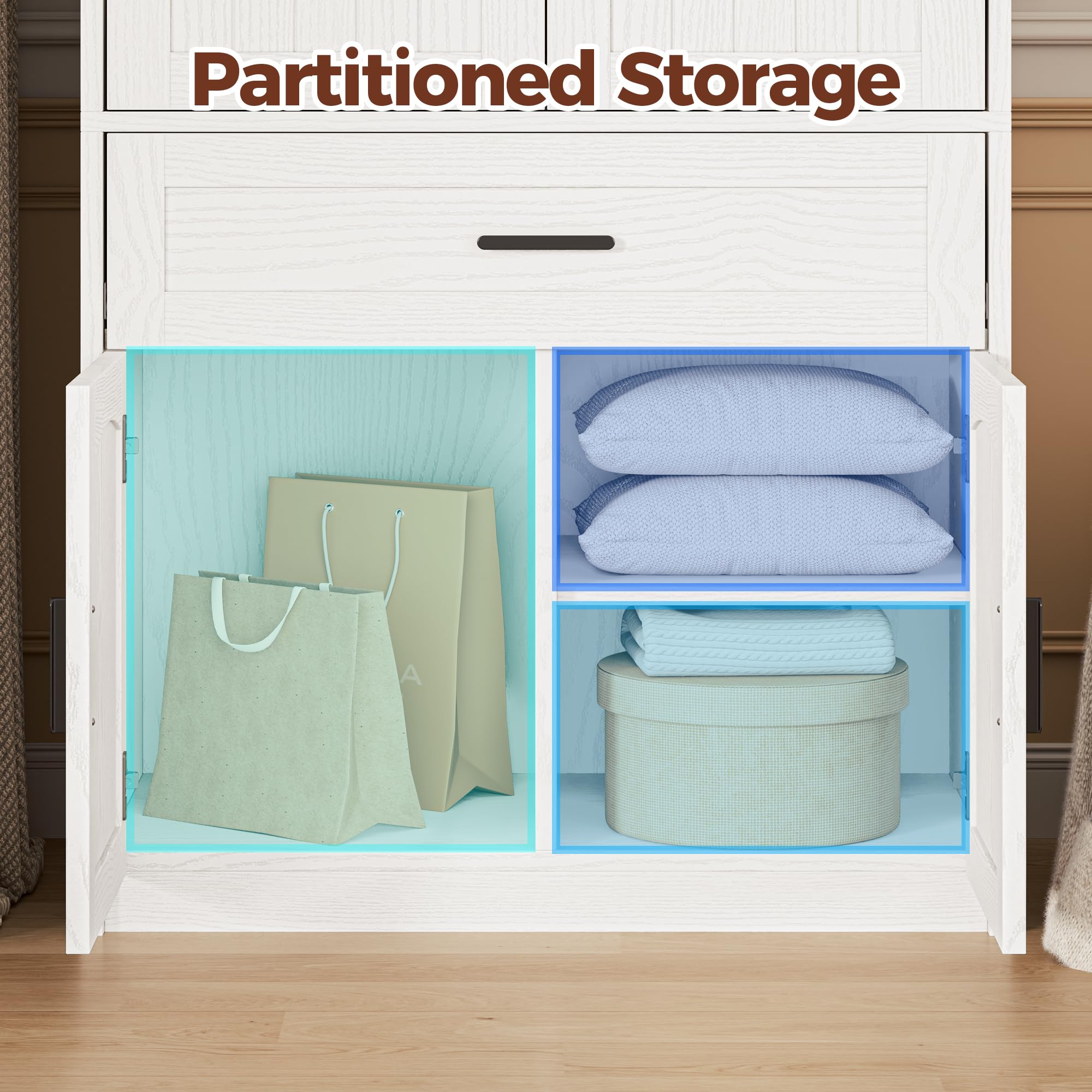 LIKIMIO 77" Tall Freestanding Armoire Wardrobe Closet with 4 Doors, Drawer, Hanging Rod & Adjustable Shelves, Bedroom Clothes Storage Cabinet, White