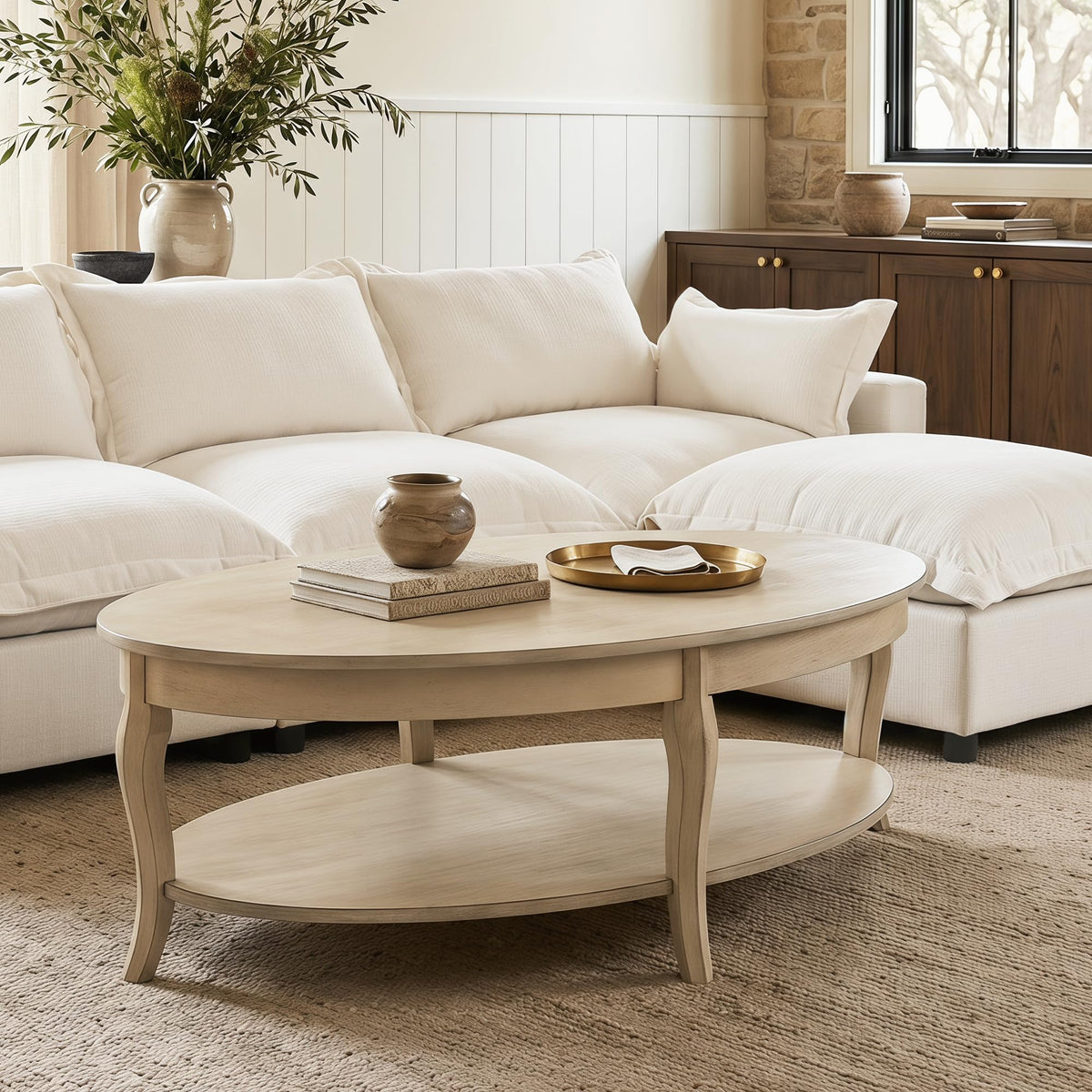 Faded White Oval Coffee Table with Storage
