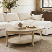 chairus Oval Solid Wood Coffee Table with Storage Farmhouse Living Room Table Country Rustic Center Table for Living Room Reception Room Waiting Room, Faded White Color