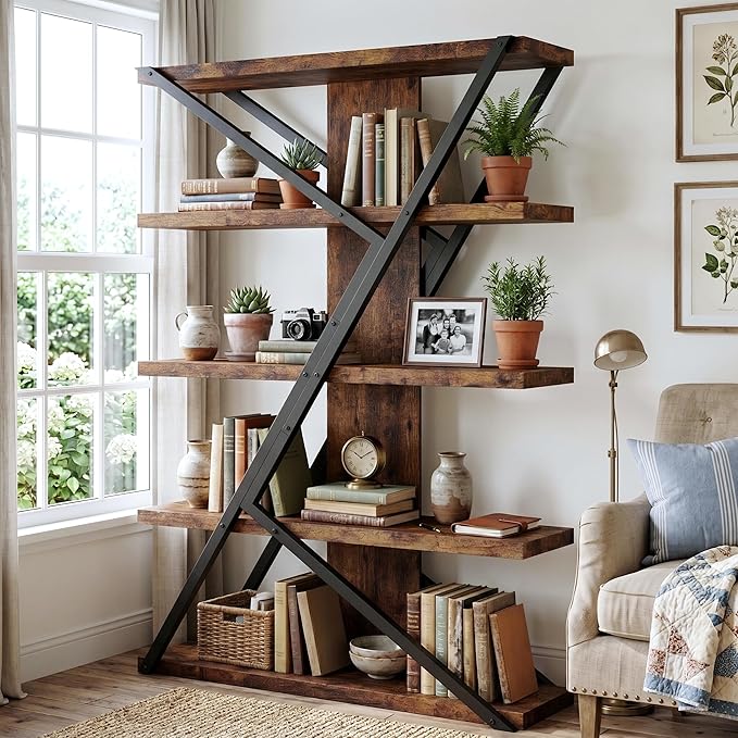 Industrial 5-Tier Bookshelf with Wood & Metal Frame