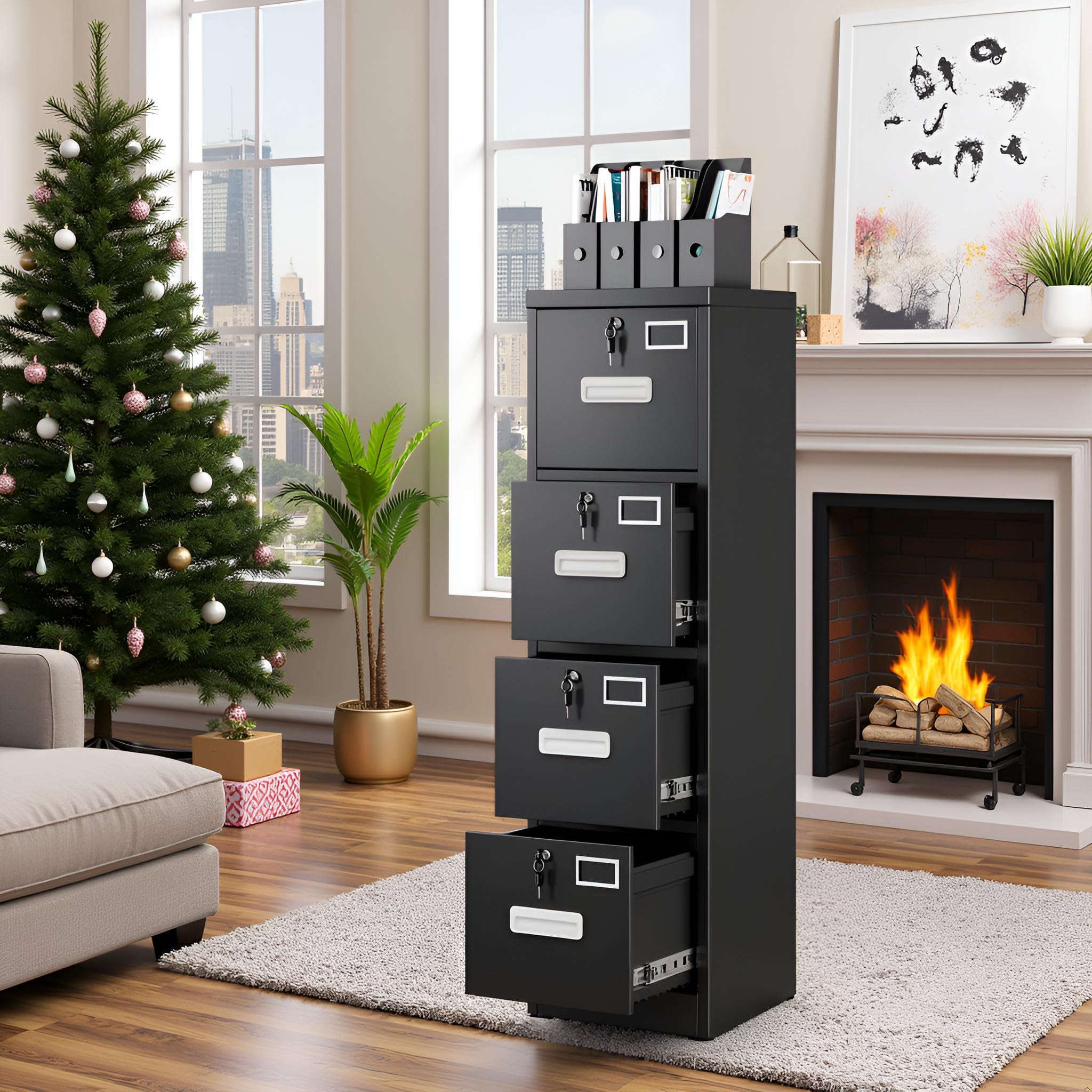 4-Drawer Metal File Cabinet with Lock & Name Card Slots