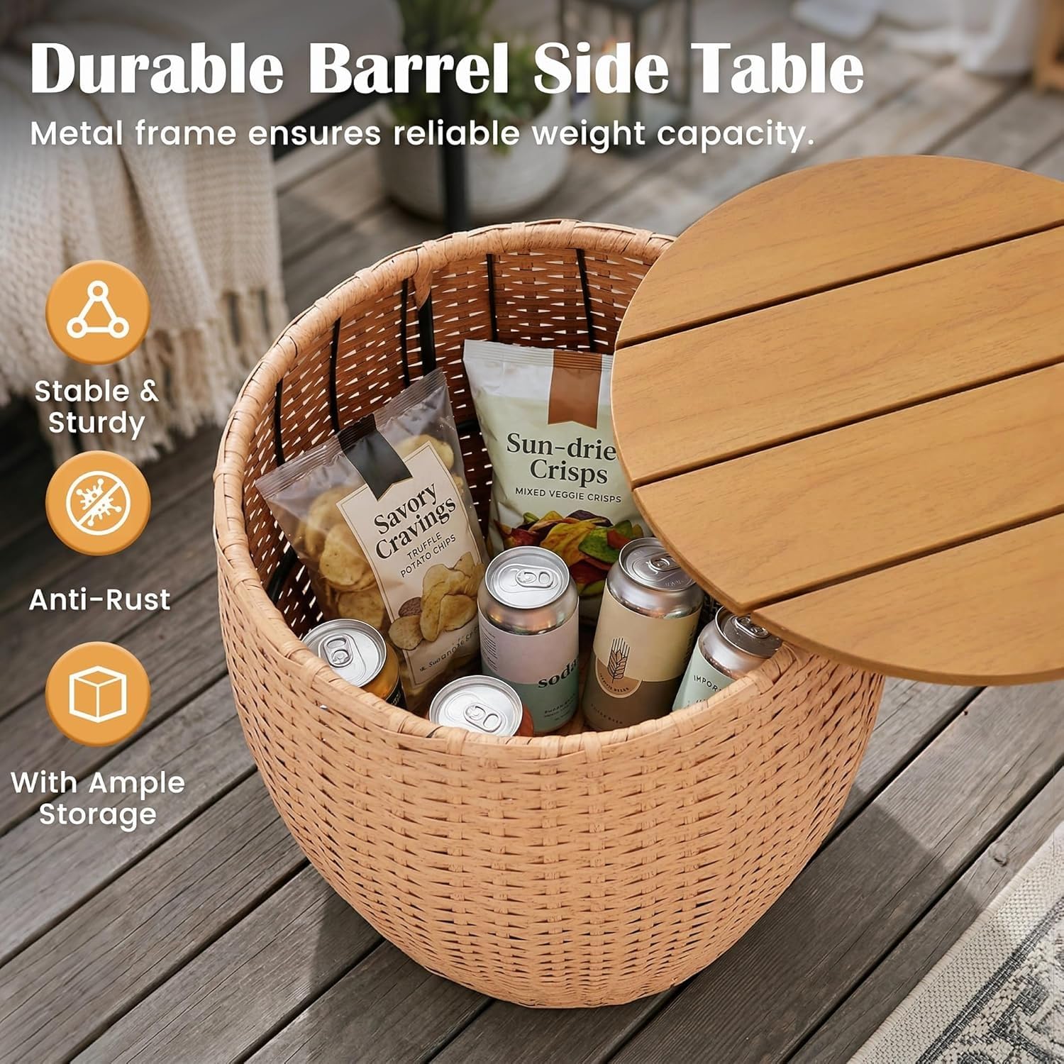 Round Wicker Barrel Side Tables with Storage – Set of 2