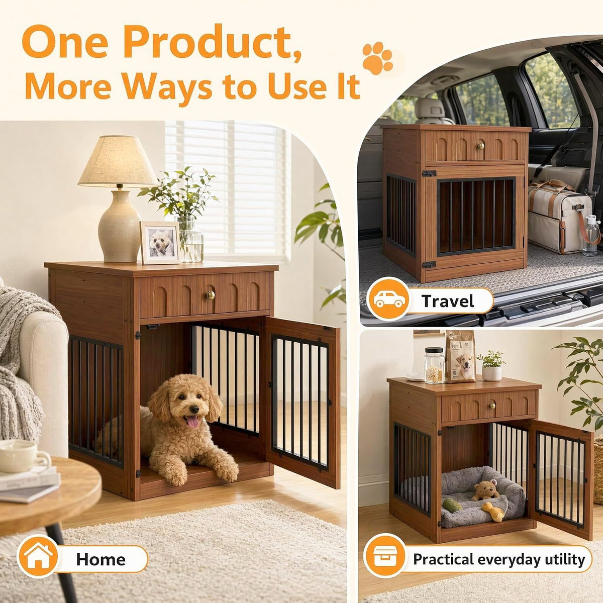 IRONCK 25.6" Small Dog Crate Furniture with Drawer and Flip Top, Walnut