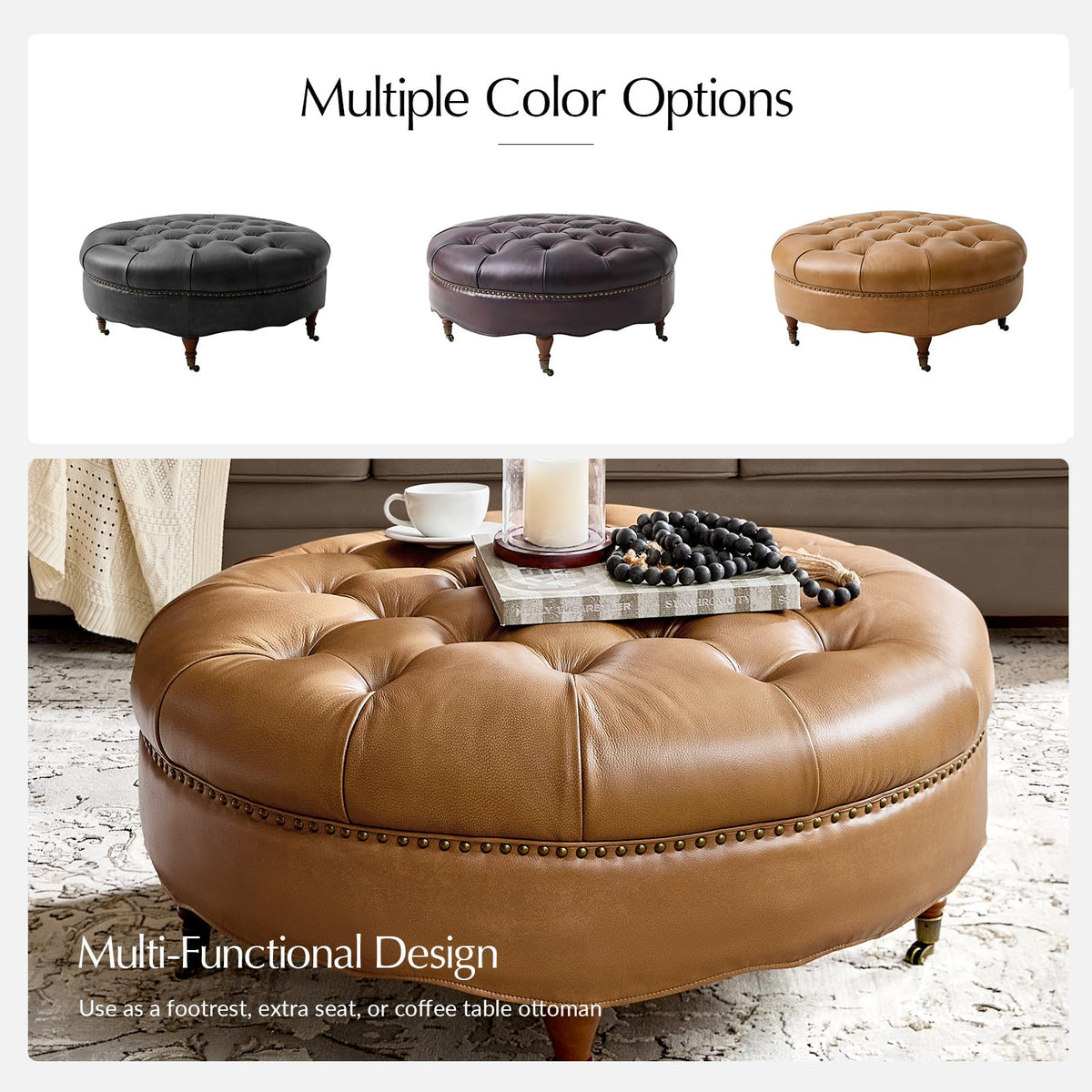 HULALA HOME 40" Genuine Leather Coffee Table with Rolling Wheels, Camel