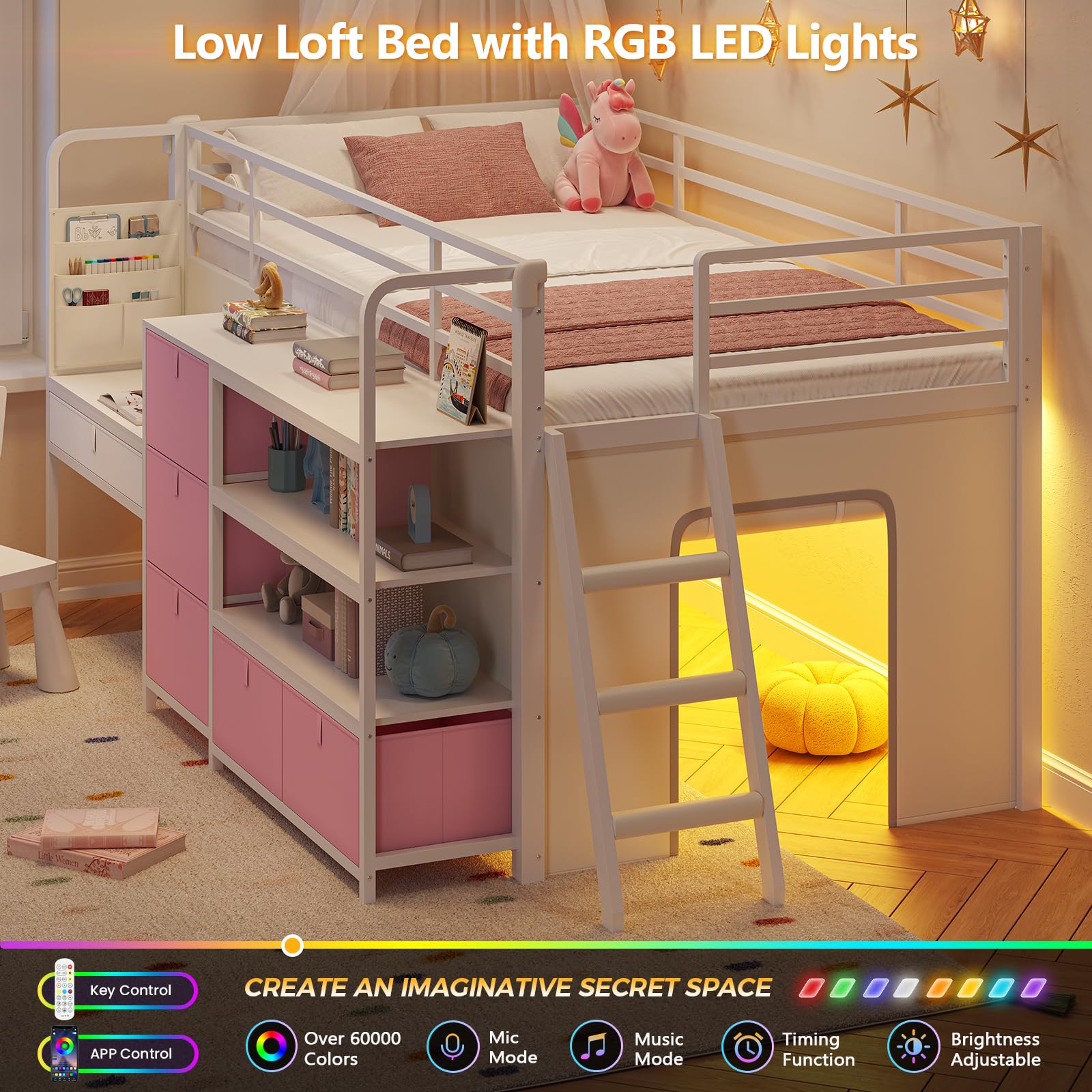 Twin Low Loft Bed with Desk, Storage Drawers & LED Lights
