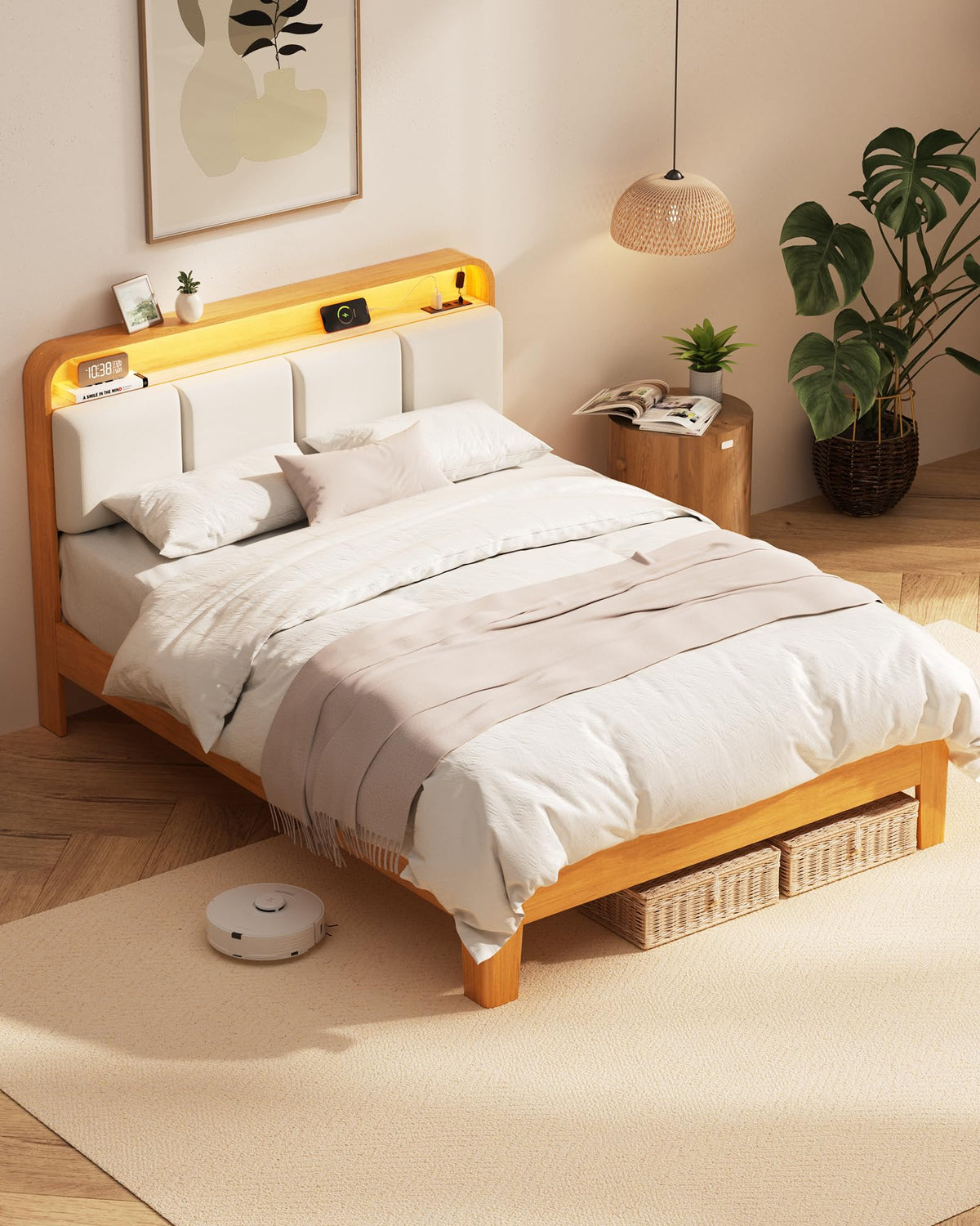 Queen Size Wood Upholstered Platform Bed Frame w/ USB Ports & LED Lights