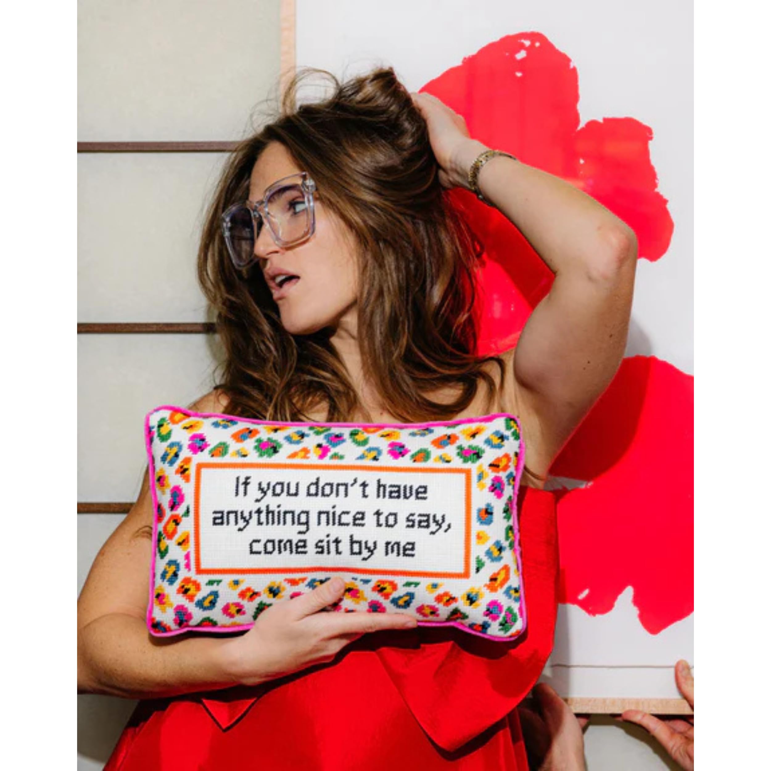 FURBISH Needlepoint Decorative Throw Pillow - Come Sit by Me - 9" x 15" - Small Embroidered Accent Pillow for Bed, Chair, Couch, Sofa - Eclectic Home Decor