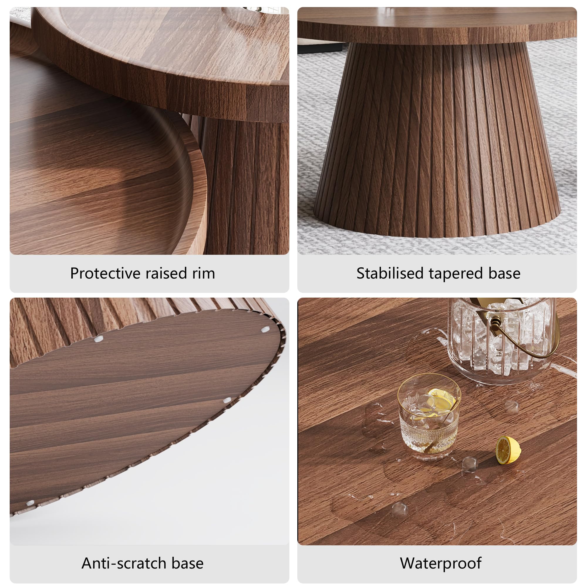 win2win Nesting Coffee Table Set of 2, Mid Century Modern Coffee Table with Wood Grain Veneer, Fluted Round Tea Table and End Table Set, Minimalist Center Tables for Living Room, Office, Walnut