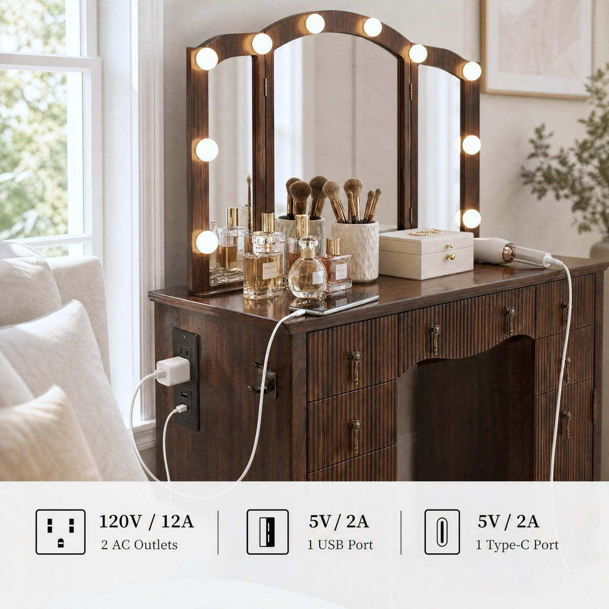 Walnut Vanity Desk with Lighted Mirror