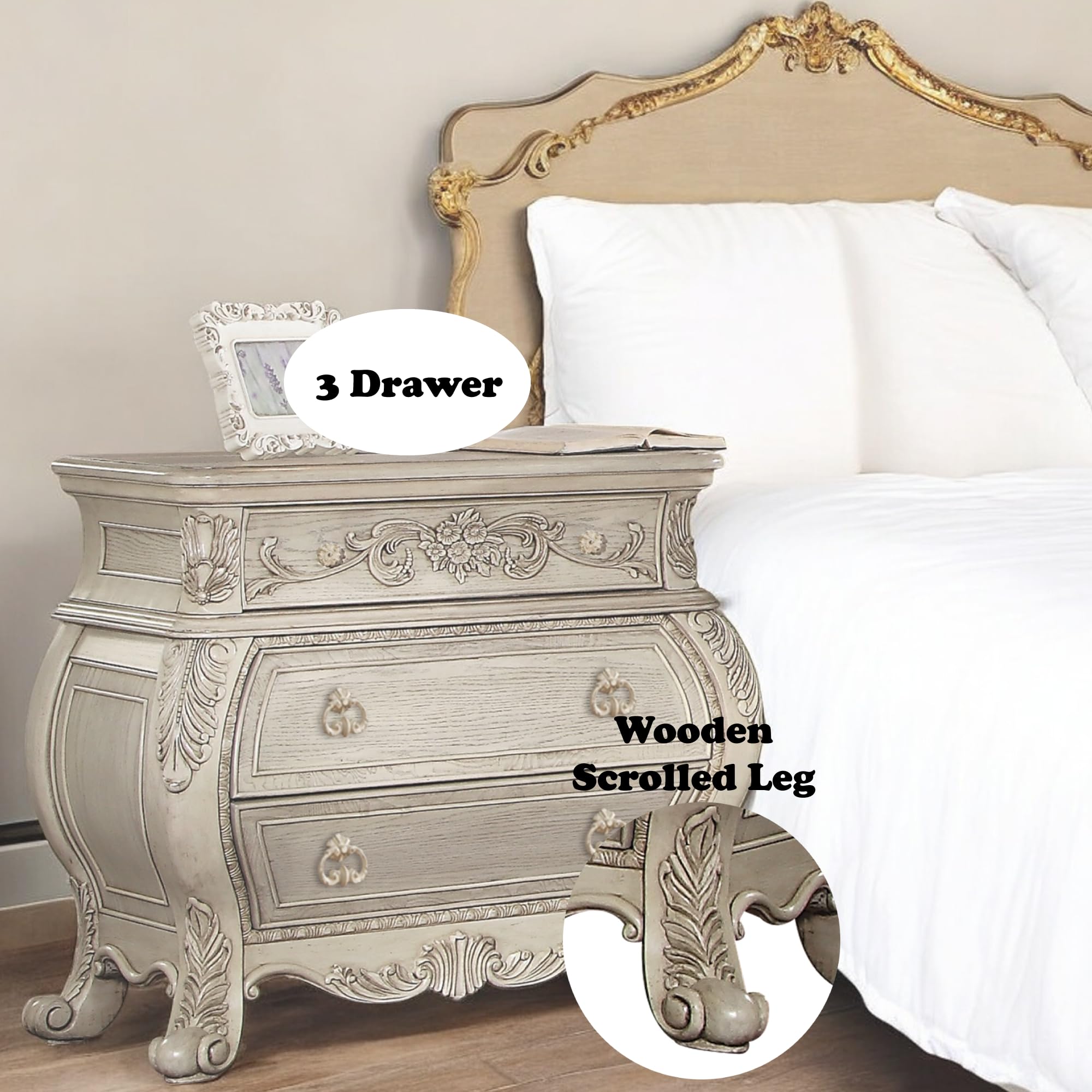 3-Drawer Bombé Nightstand – Antique White