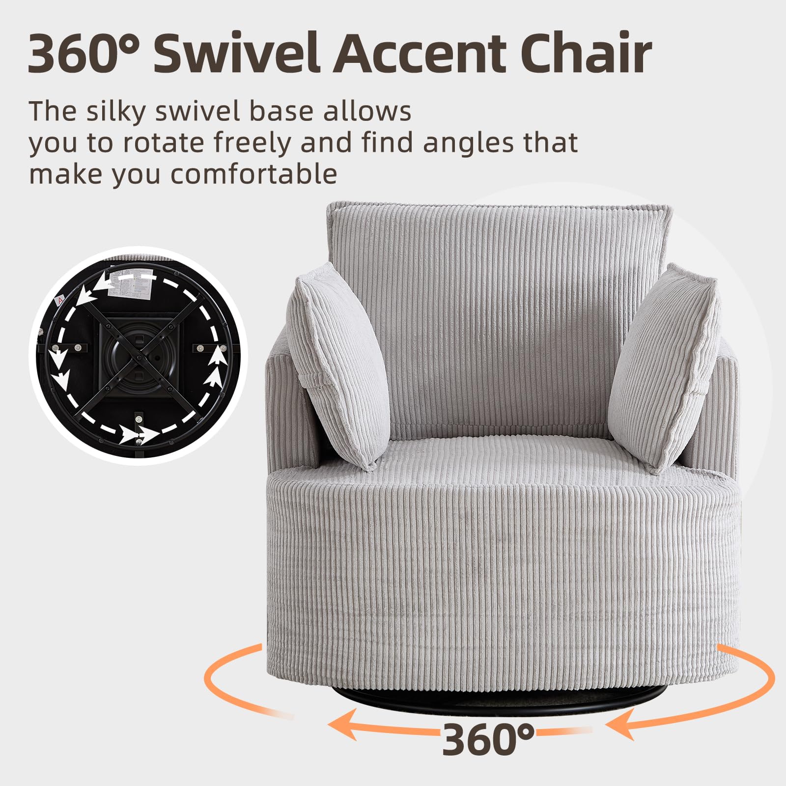 360° Swivel Barrel Chair with Corduroy Upholstery & 3 Pillows