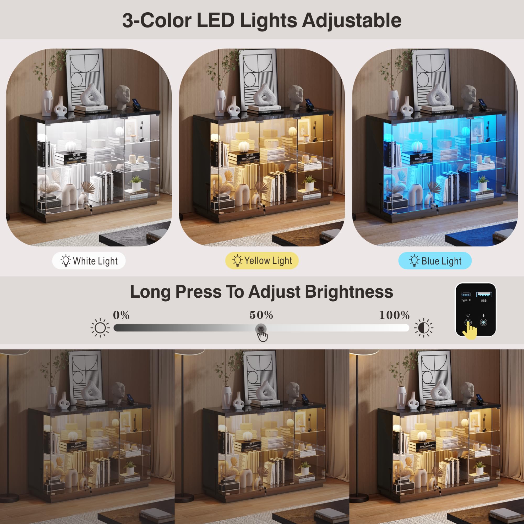 Glass Display Cabinet with LED Light & Lock