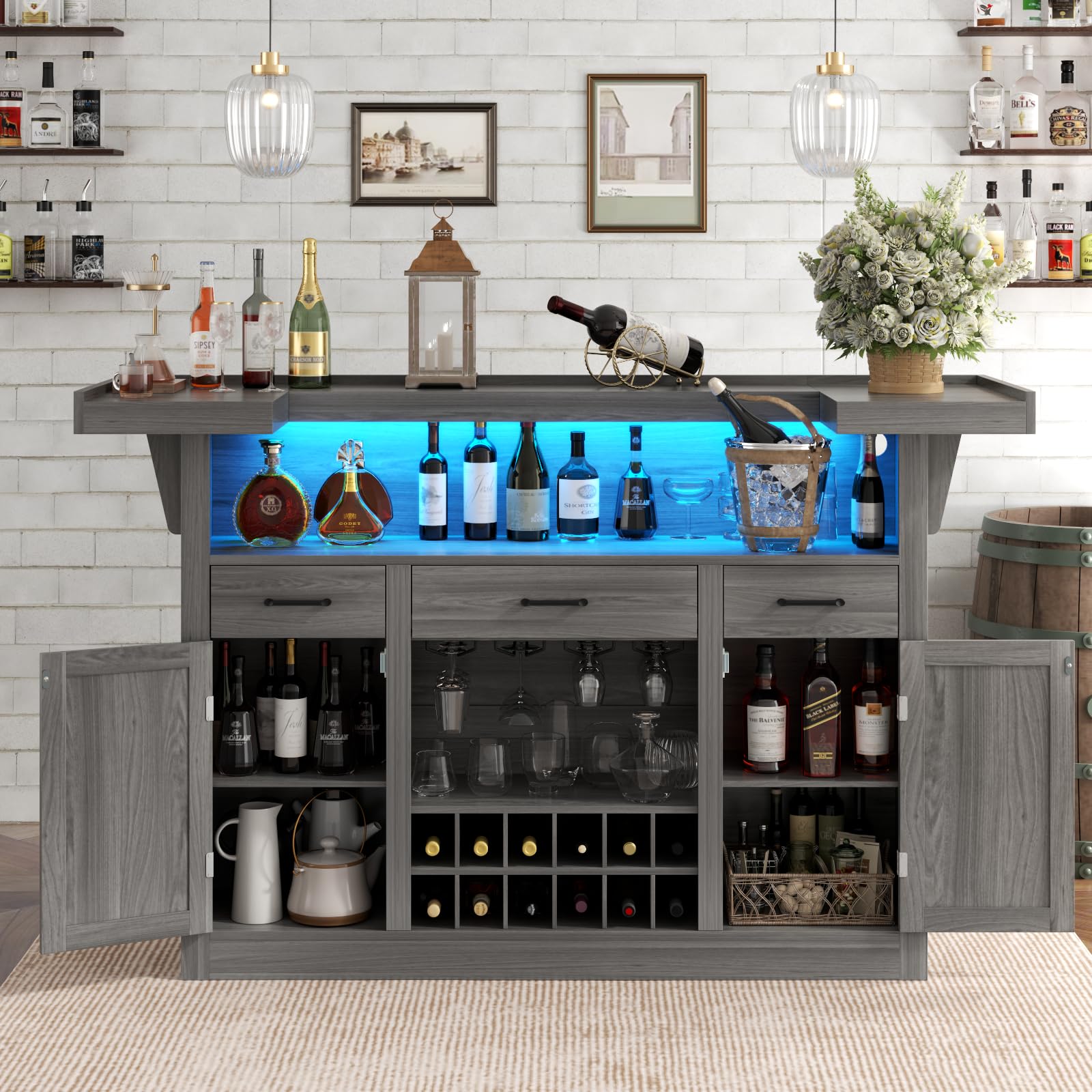 Wine Bar Cabinet with LED, 3 Drawers & Adjustable Wine Rack