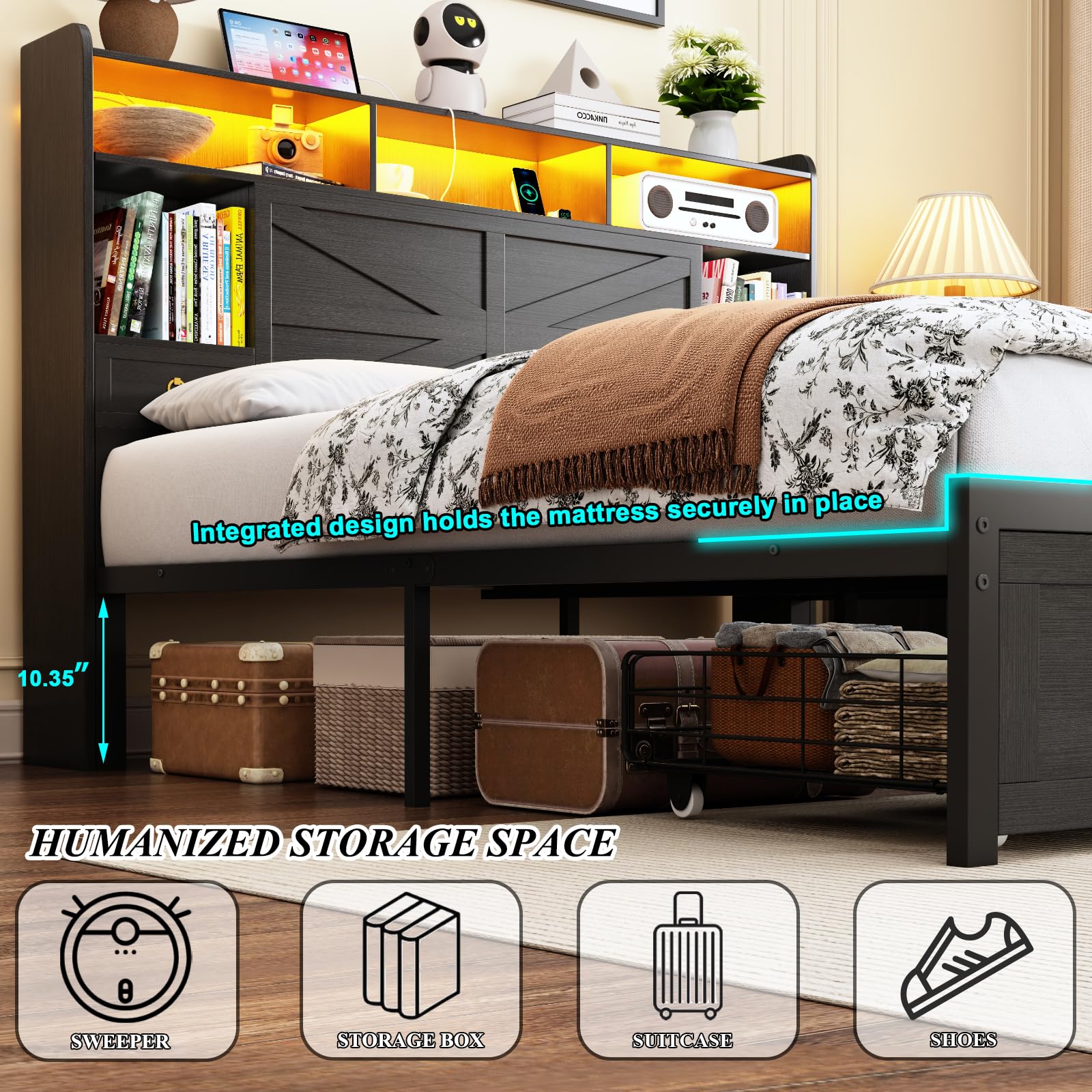 Etditrnp Queen Bed Frame with Storage Headboard, Farmhouse Platform Bed Frame with Bookshelf, Drawers, LED Lights and Charging Station, Metal Slats Support, Noise Free, No Box Spring Needed, Black