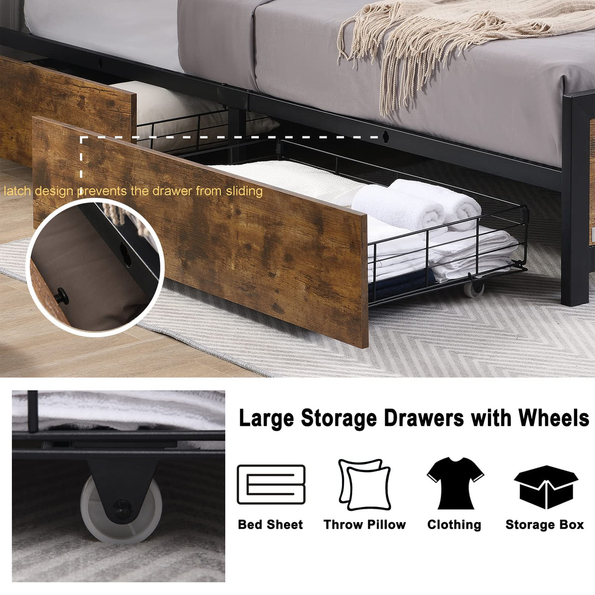 Ailisite Queen Size Bed Frame with Headboard & 4 Storage Drawers, Metal Platform Bed Frame Queen Size with Charging Station,Wood Queen Bed with LED Lights,No Box Spring Needed,Noise Free,Rustic Brown