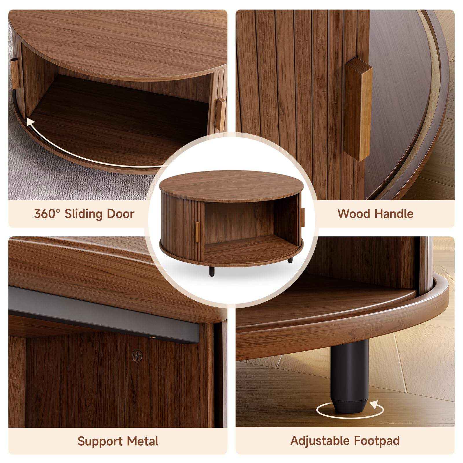 ONBRILL Round Coffee Table with Storage, 31.5" Modern Coffee Table with 360° Curved Sliding Door, Fluted Wood Accent Coffee Table with Adjustable Footpads, Round Center Table for Living Room, Walnut