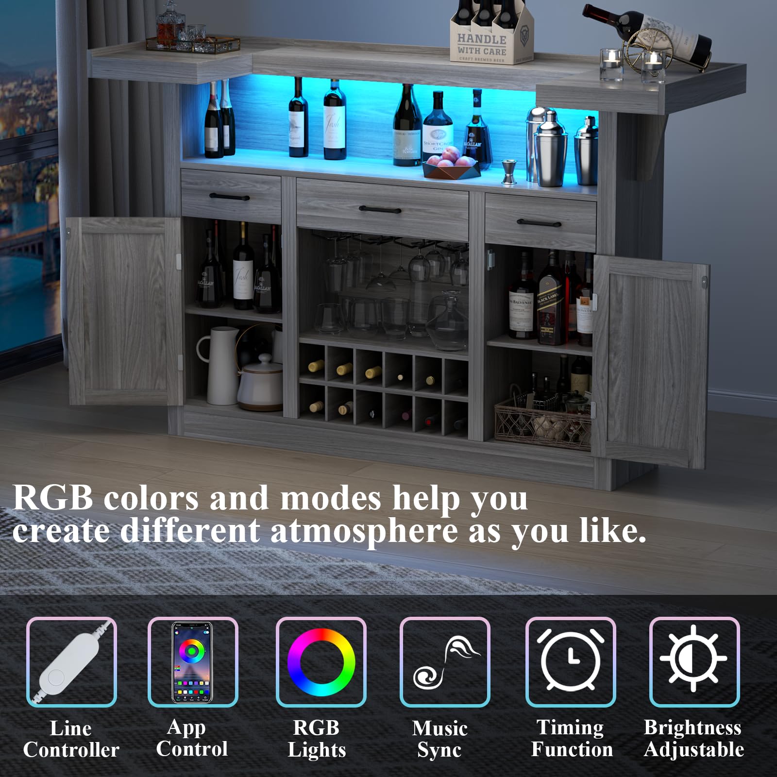 Wine Bar Cabinet with LED, 3 Drawers & Adjustable Wine Rack
