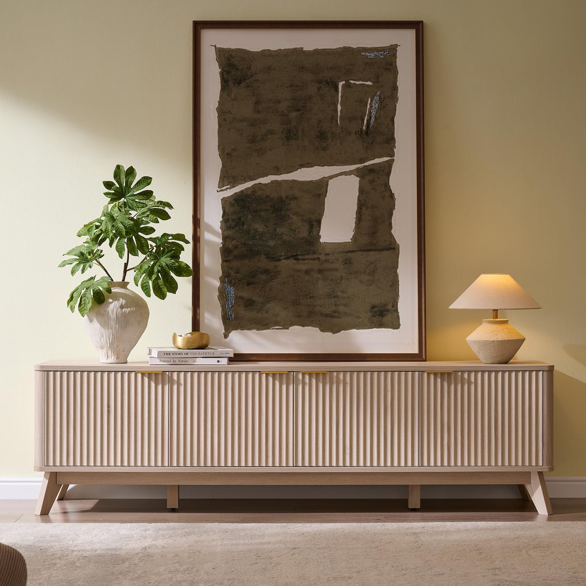 OKD 70" Mid Century Modern Fluted TV Stand,4-Door Storage, White Alder