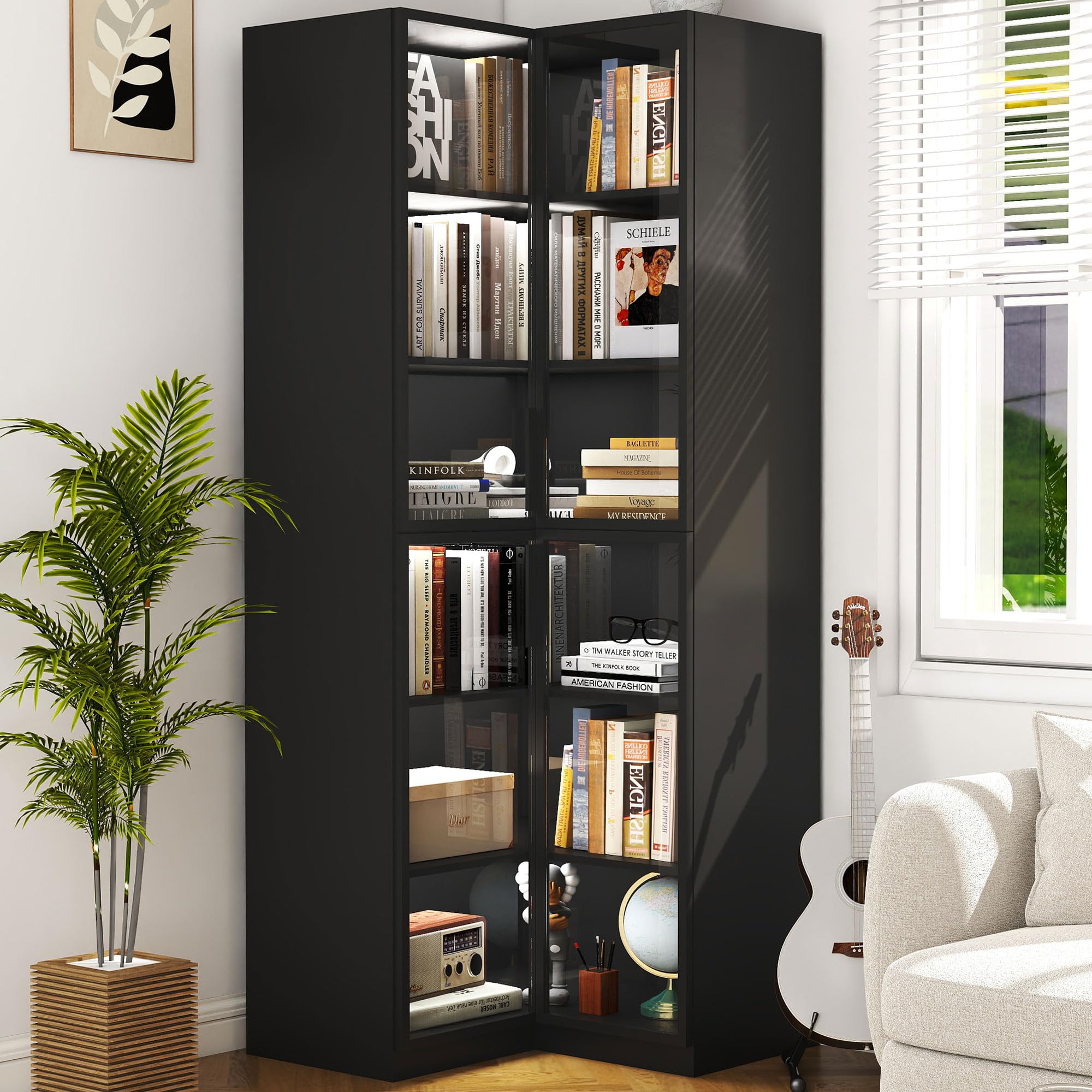 L-Shaped Corner Bookcase with Glass Doors & LED Lights