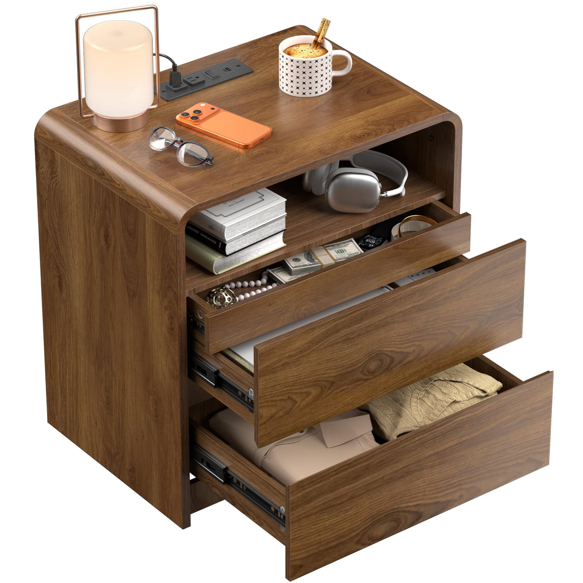 23.8" Modern Nightstand with Hidden Drawers Walnut Night Stand