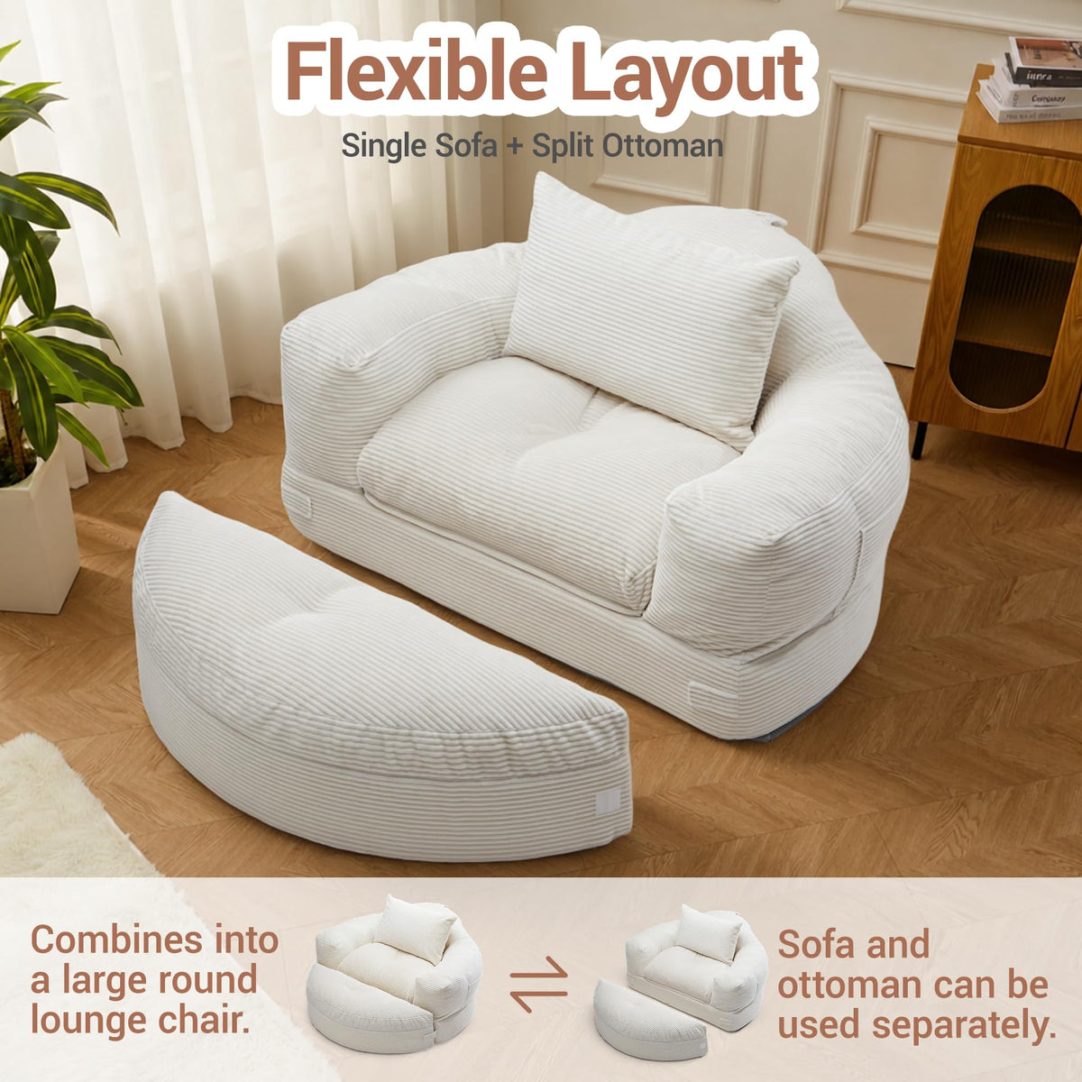 WiNVO 63''Oversized Round Chaise Lounge Chair with Footrest Ottoman(Beige)