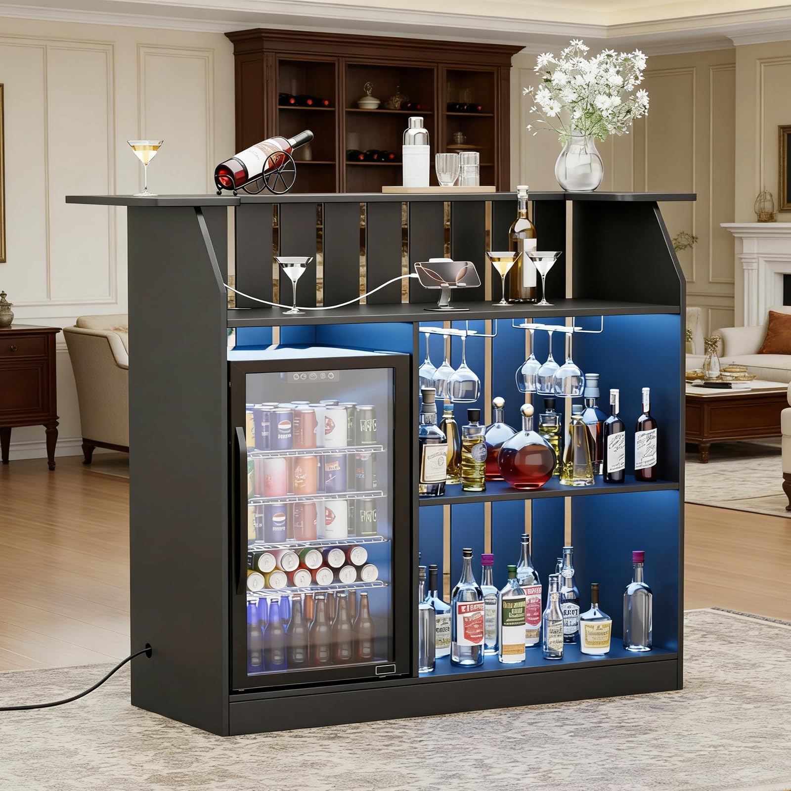 U-Shape Bar Table, Home Bar Unit with Fridge Space, 4 Tier Liquor Wine Cabinet with LED Light, Power Outlet, Wine Glass Holder, Modern Mini Bar with Storage for Living Room, Basement, Home Pub, Black