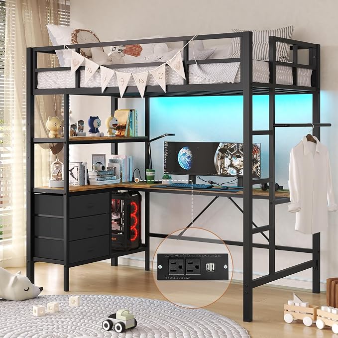 Metal Loft Bed with Desk & Storage