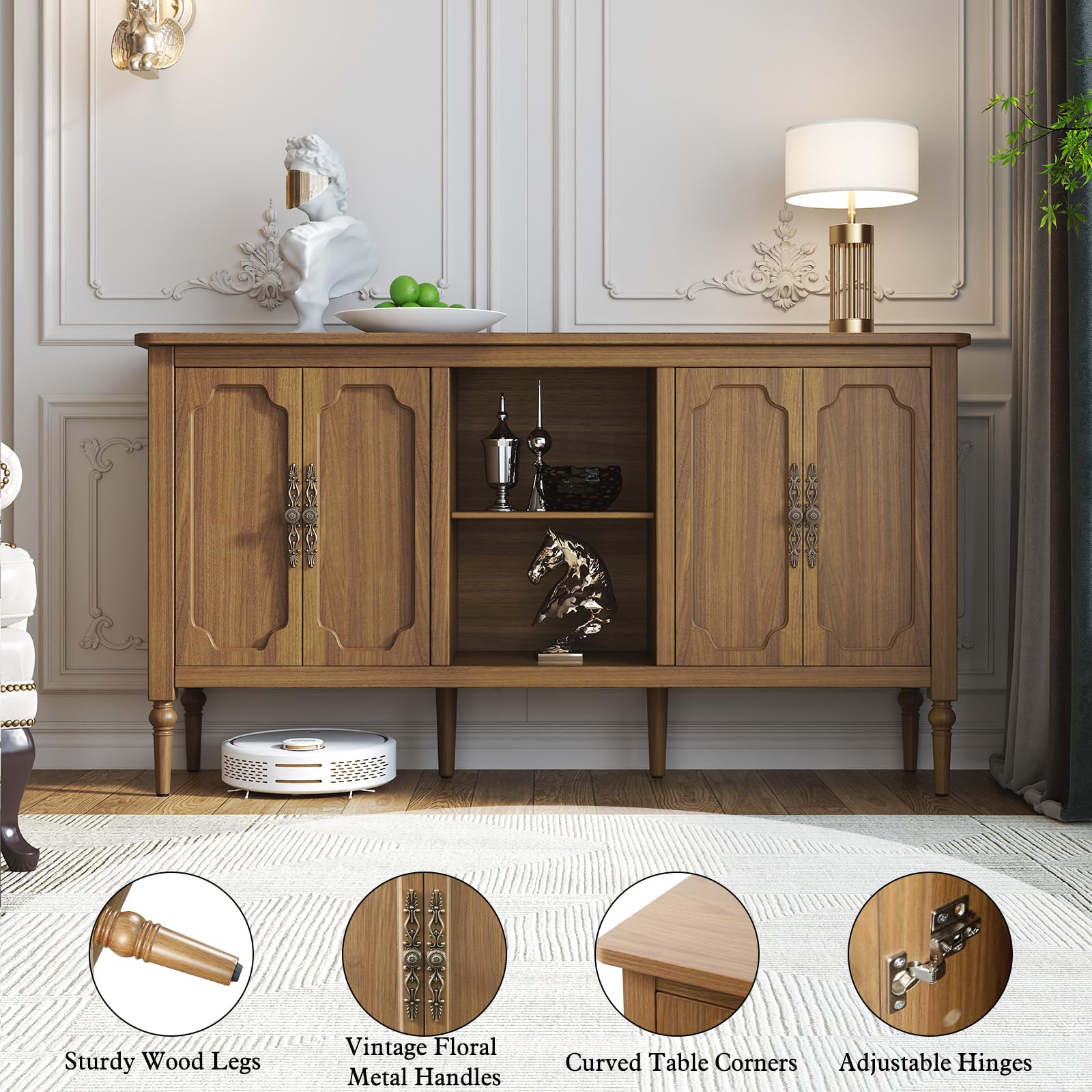 59" Vintage Buffet Sideboard Cabinet with 4 Doors
