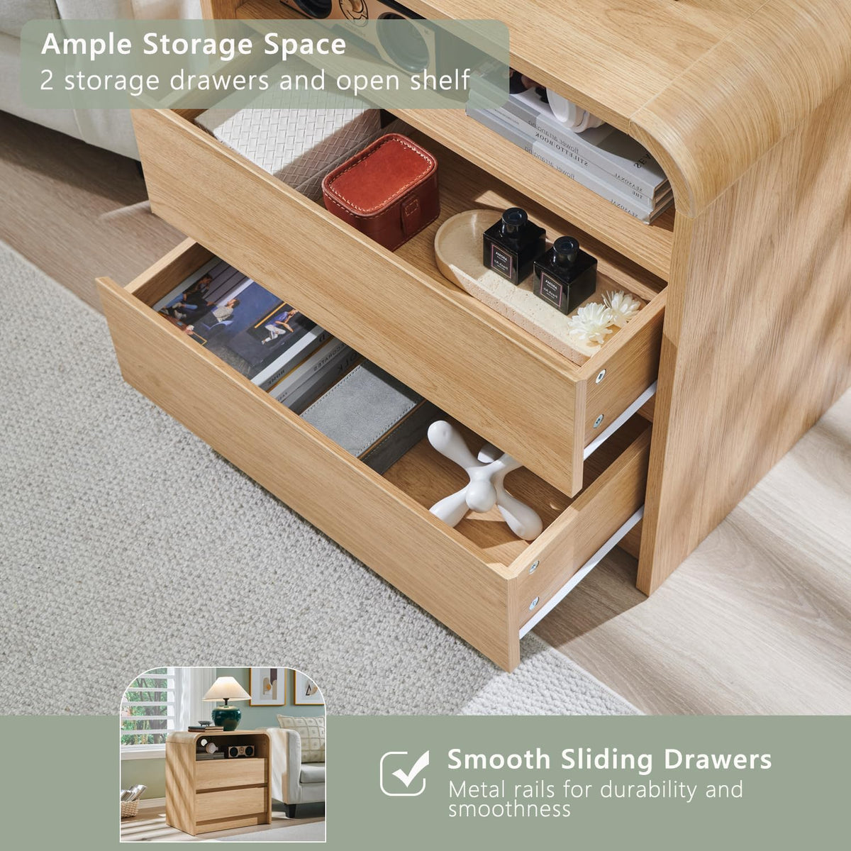 Aitjunz 25" Tall Modern Nightstand Set of 2, Wood Bedside Table,Natural Oak