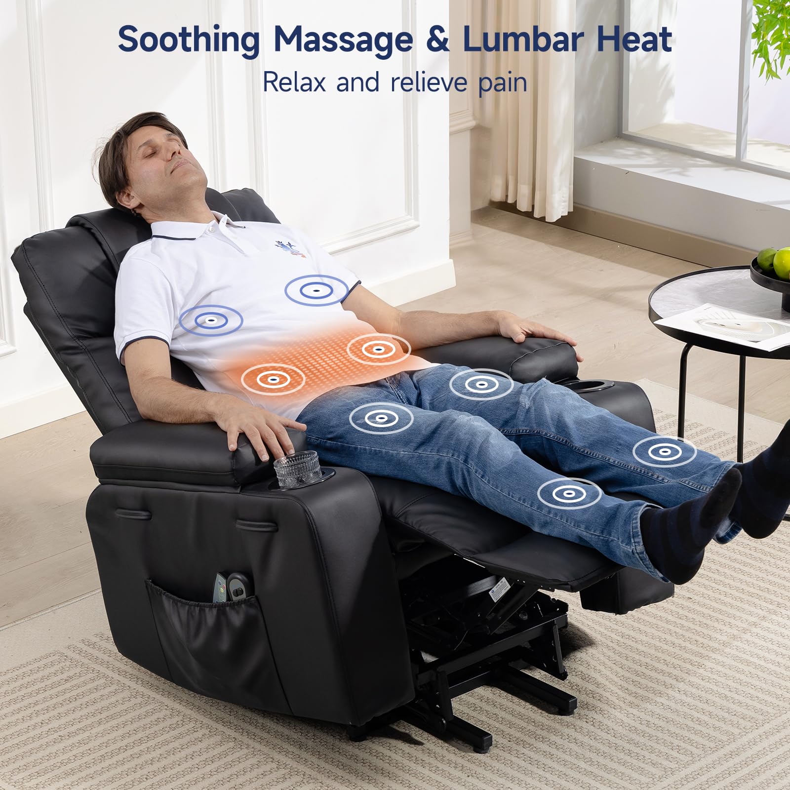 Brage Living Power Lift Recliner Chair for Elderly with Massage & Heat, 160° Adjustable PU Leather Electric Recliner with Remote, Cup Holders, Side Pockets, and Stand Assist for Living Room (Black)