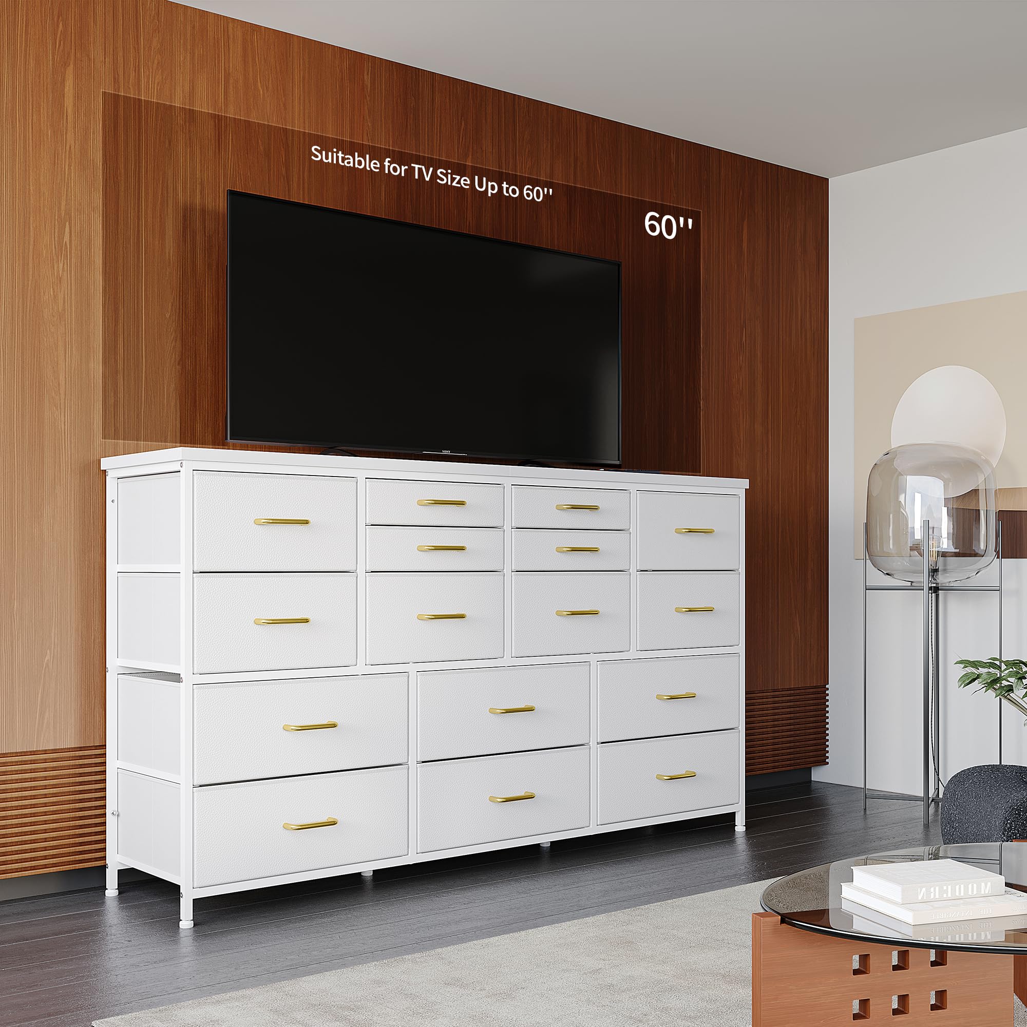 16 Drawers Long Dresser for Bedroom, 51"W Dressers with Power Outlets for 60"Inch TV for Living Room, Entertainment Center with Storage, Media TV Stand Console Table 51.1''W*11.8''D*34.8''H, White