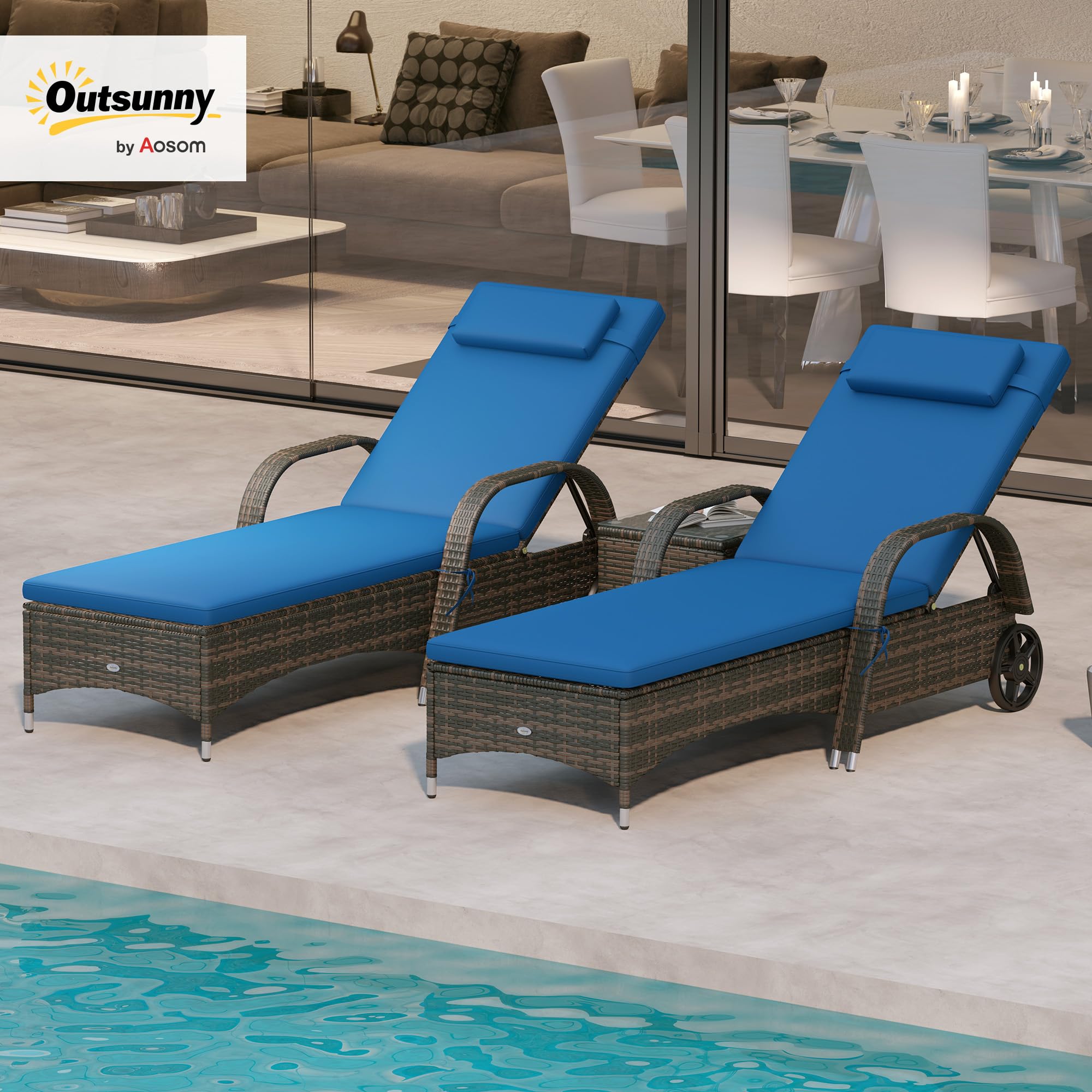 PE Rattan Chaise Lounge Chair Set of 3 with Side Table