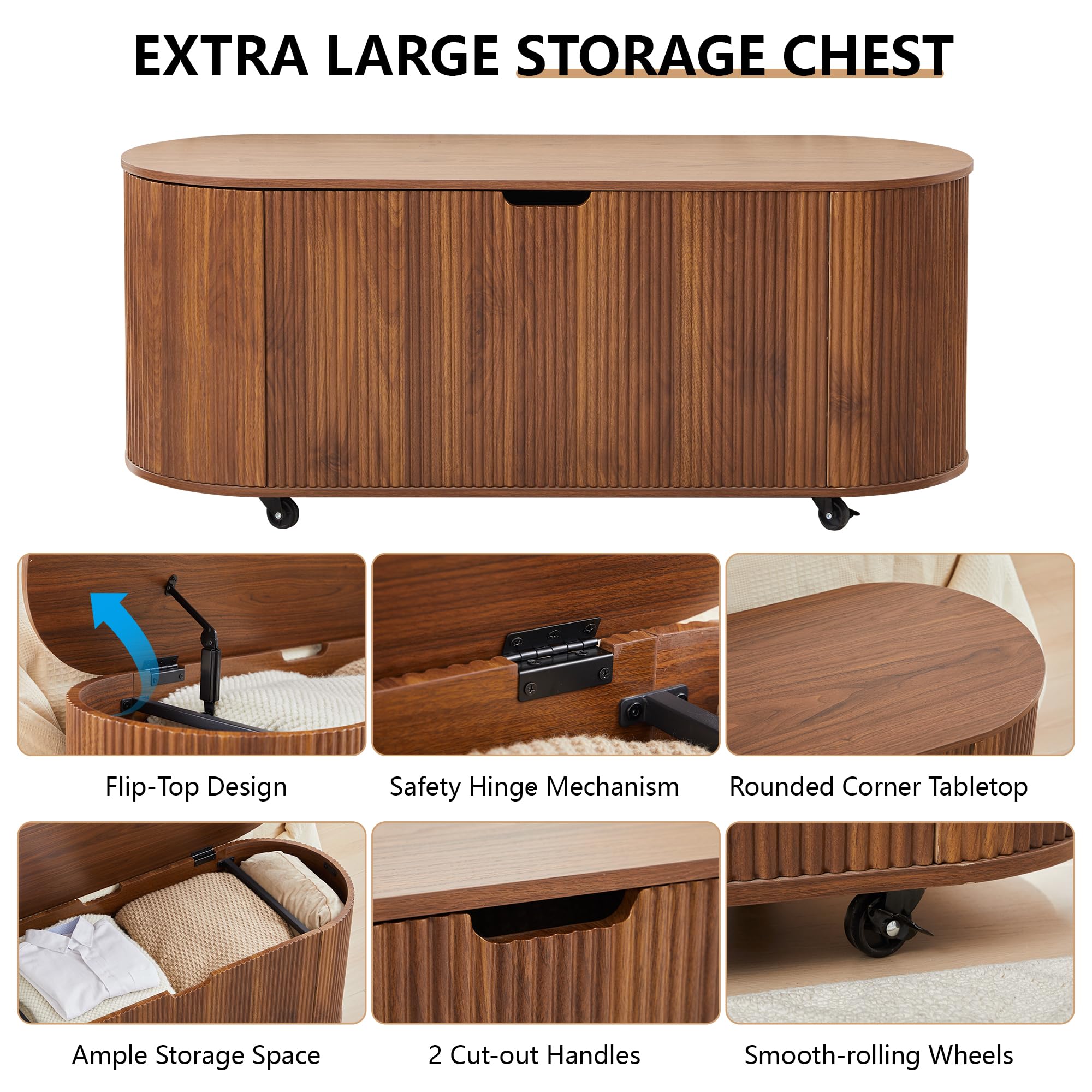43.3” Storage Bench with 4 Wheels, Fluted Oval Storage Chest with Safety Hinges, Modern Wooden End of Bed Bench, Large Storage Trunk Toy Chest with Lift Top for Entryway Bedroom Living Room, Walnut